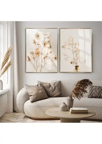 Harikabirev Krem Çiçek Kombin Lunarıa Çerçeveli Cam Tablo Çiftliği 30x40 cm