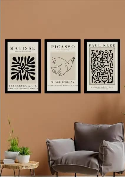 Nt Handmade Siyah Çerçeve Görünümlü 3'lü Matisse Duvar Dekoru Modern ve Şık Tasarım