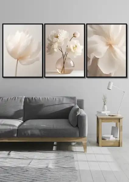 Nt Handmade Siyah Çerçeve Görünümlü Beyaz Çiçekler Duvar Dekoru 3'lü Set ile Modern ve Doğal Dekorasyon