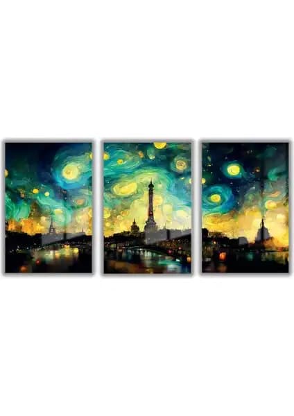 Van Gogh Yıldızlı Gece Temalı Cam Tablo Seti Güvenli ve Dayanıklı Dekorasyon Ürünü