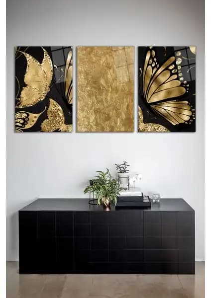Vosevu Gold Detaylı Kelebekler 3'lü Cam Tablo Seti Modern ve Şık Dekorasyon İçin Uygun