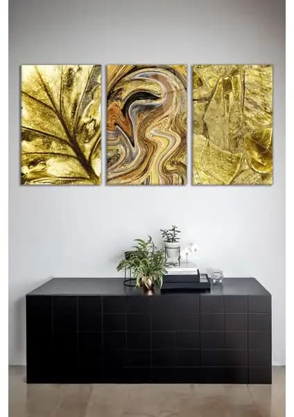 Vosevu Gold Kahverengi 3'lü Cam Tablo Seti Modern ve Estetik Dekorasyon İçin Ideal