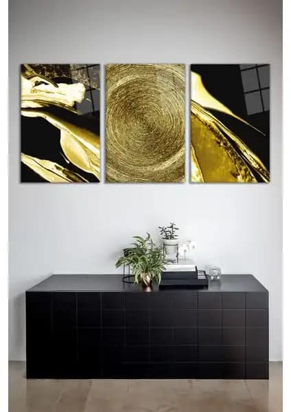 Vosevu Soyut Gold Siyah Modern Cam Tablo Seti 3'lü Dekoratif Duvar Sanatı