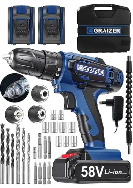 Graizer V-Tec 58V 5Ah Çelik Motor Çelik Şanzuman Darbeli Şarjlı Vidalama Aleti