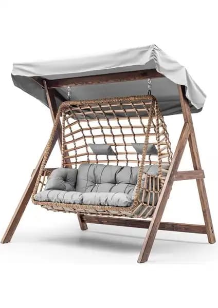 Hier Girne Swing Ahşap Rattan Salıncak Bahçe ve Teras İçin Dayanıklı ve Estetik Tasarım