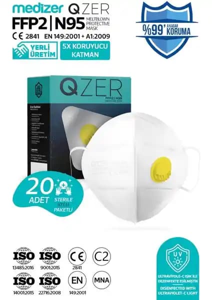 Medizer Qzer Beyaz 5 Katlı Ventilli FFP2 N95 Maske Güvenli ve Konforlu Solunum Koruması