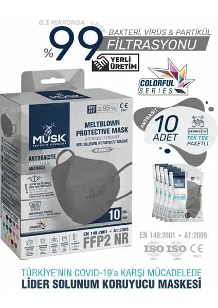 Musk FFP2/N95 Maske Gri Renk 50 Adet Yüksek Güvenlik ve Konfor Sağlar