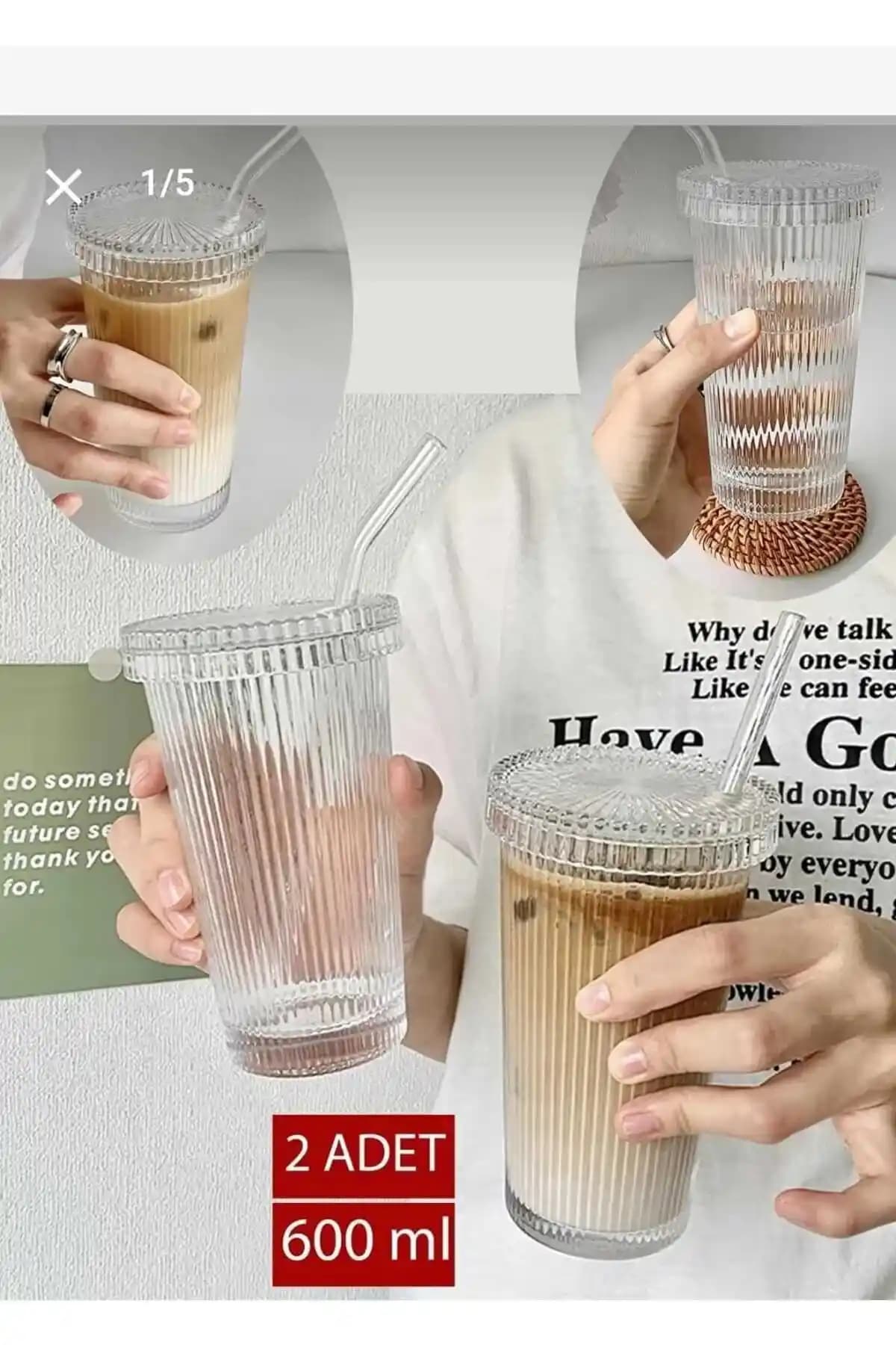 ALBAK Life 600 ml Kapaklı Pipetli Origami Desenli Bardaklar Çiftli Seti BPA İçermeyen