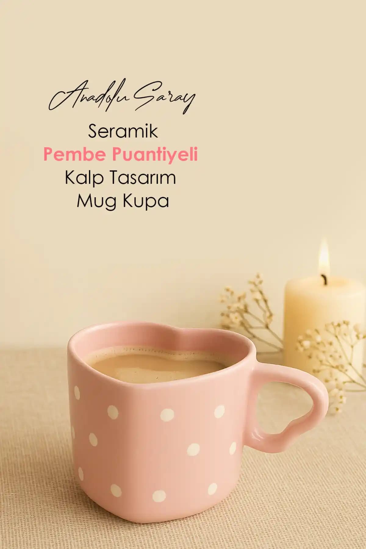 Anadolu Saray El Yapımı Seramik Pembe Puantiyeli Kalp Desenli 325 ml Kupa: Dayanıklı