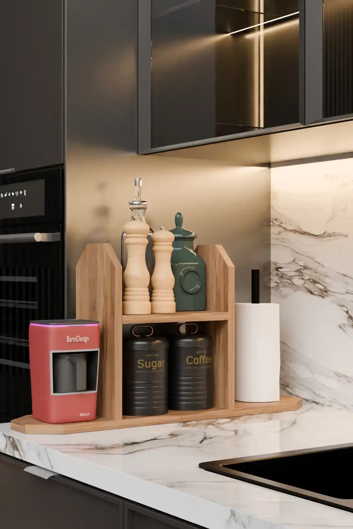 BARIN DESIGN Çok İşlevli Tezgahüstü Mutfak Rafı: Çok İşlevli Düzenleyici Baharatlık ve Kahve Köşesi
