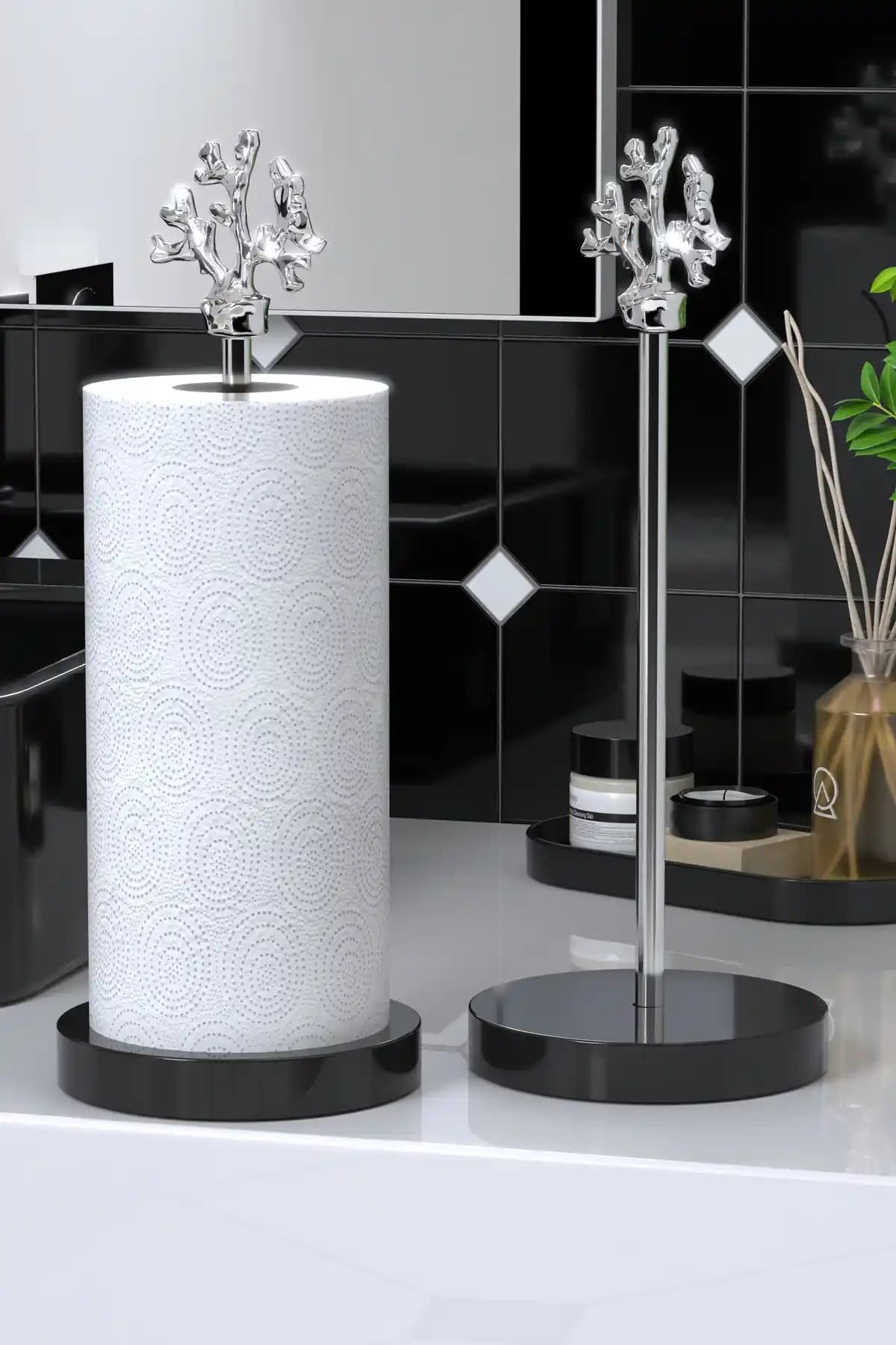 EOCRAFT Siyah Granit Görünümlü Yuvarlak Kağıt Havluluk ve Peçetelik Düzenleyici Seti