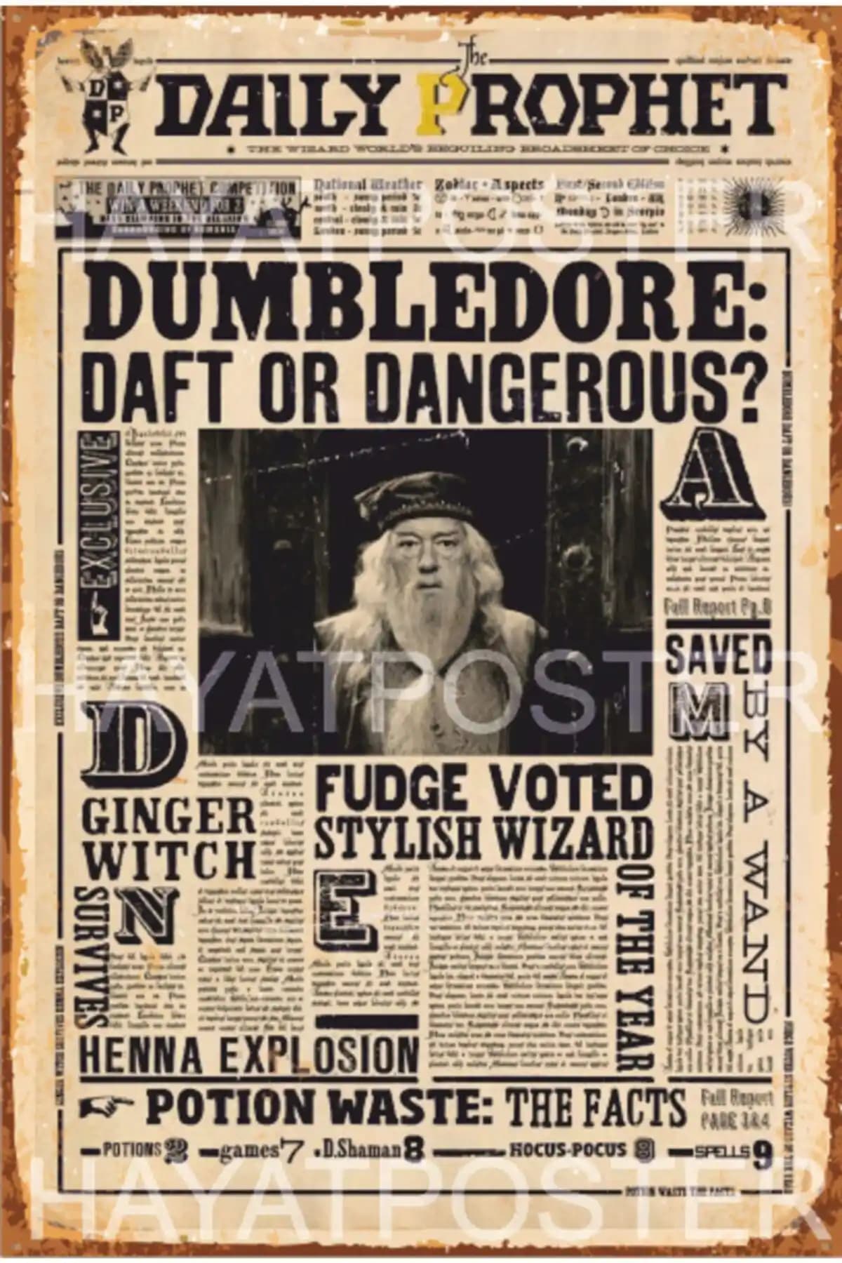 Hayat Poster: Harry Potter Dumbledore Retro Afişi, MDF 20x30 cm Dekor İç Mekan Uyumlu