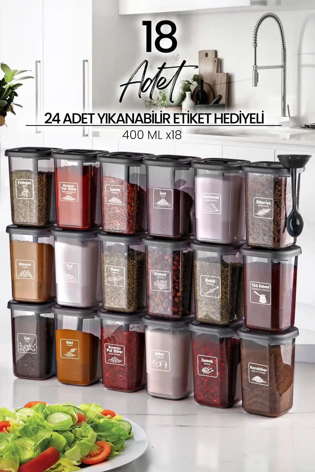 NESS HOME Azure 18'li Etiketli Kendinden Kaşıklı Baharatlık Seti, 400 ml Kapasiteyle