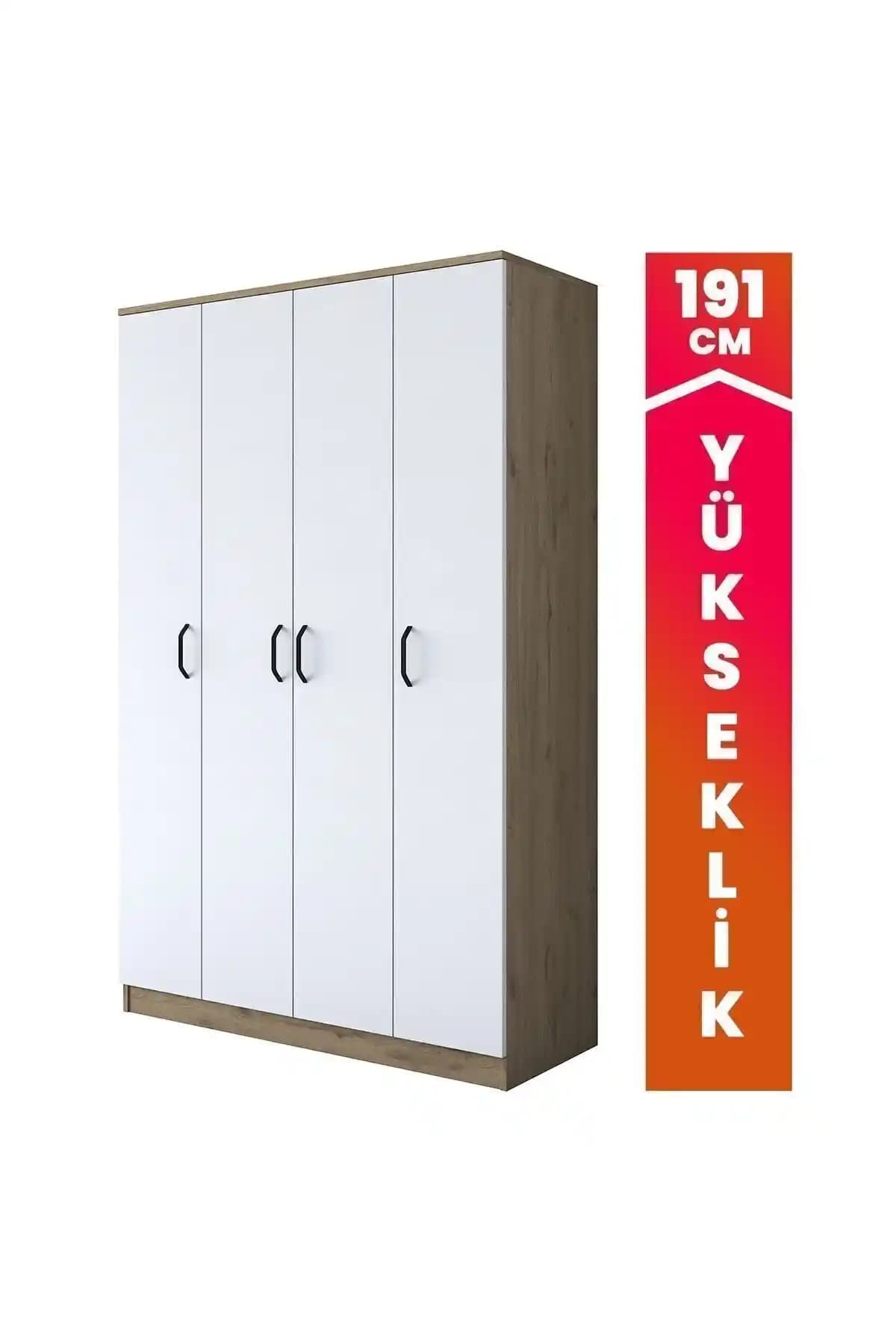 Rani Ba116 Geniş Gardırop: 120 cm Genişlik, 4 Kapak, 12 Raf, Beyaz-Ceviz Tonu