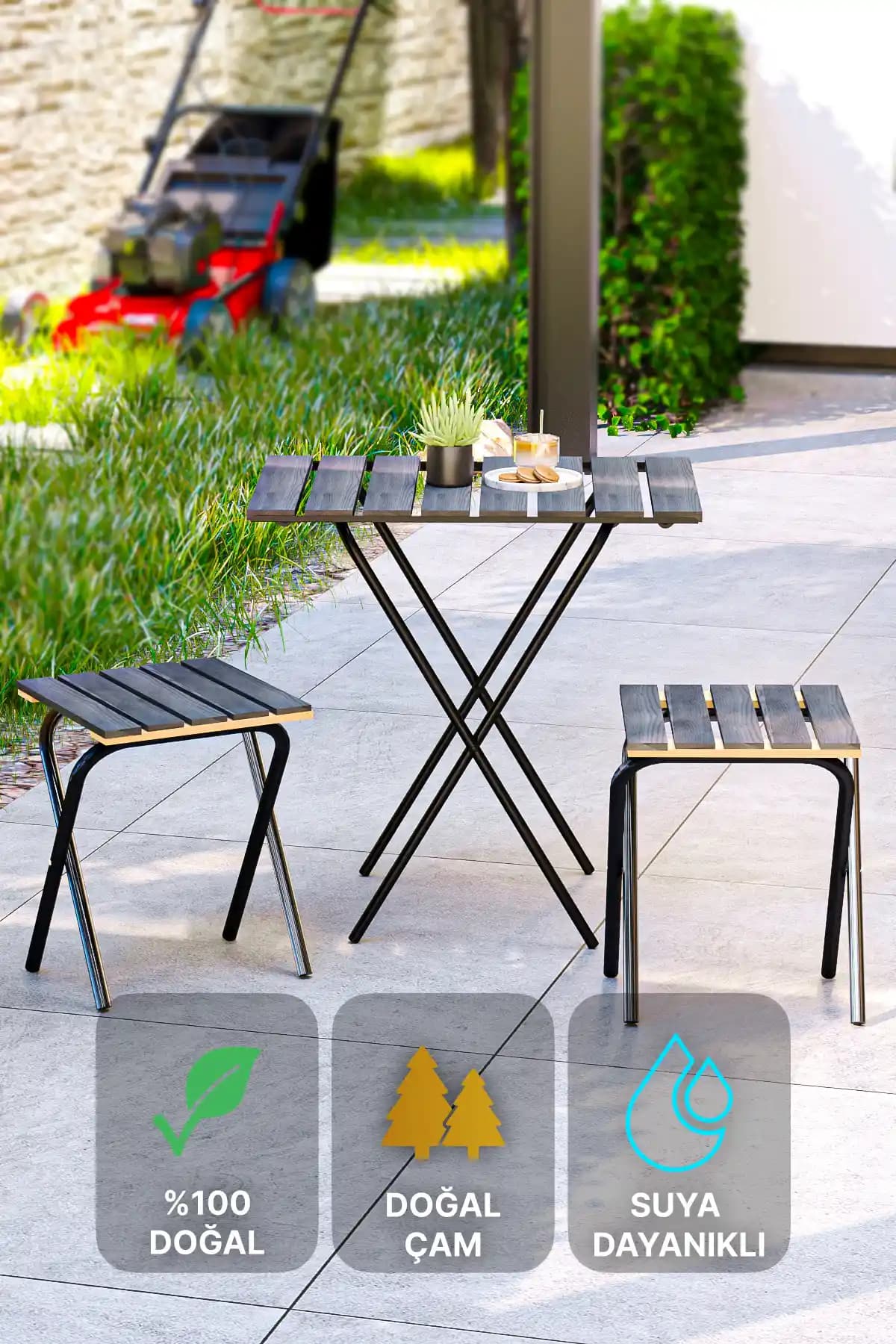 Yükseklik Ayarlı Ahşap Retro Balkon Seti: 61x40 cm Masa ve İki Sandalye, Dış Mekan İçin