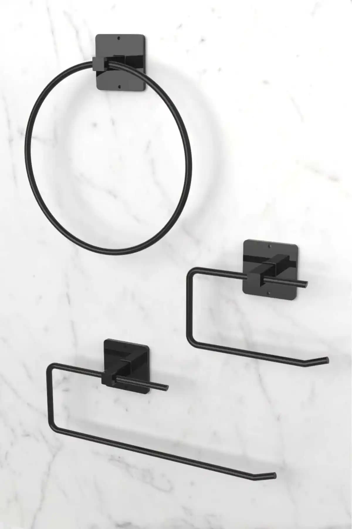 KARTEYA Siyah Yapışkanlı Banyo ve Mutfak Aksesuarları Seti Modern Tasarım ve Kolay Montaj