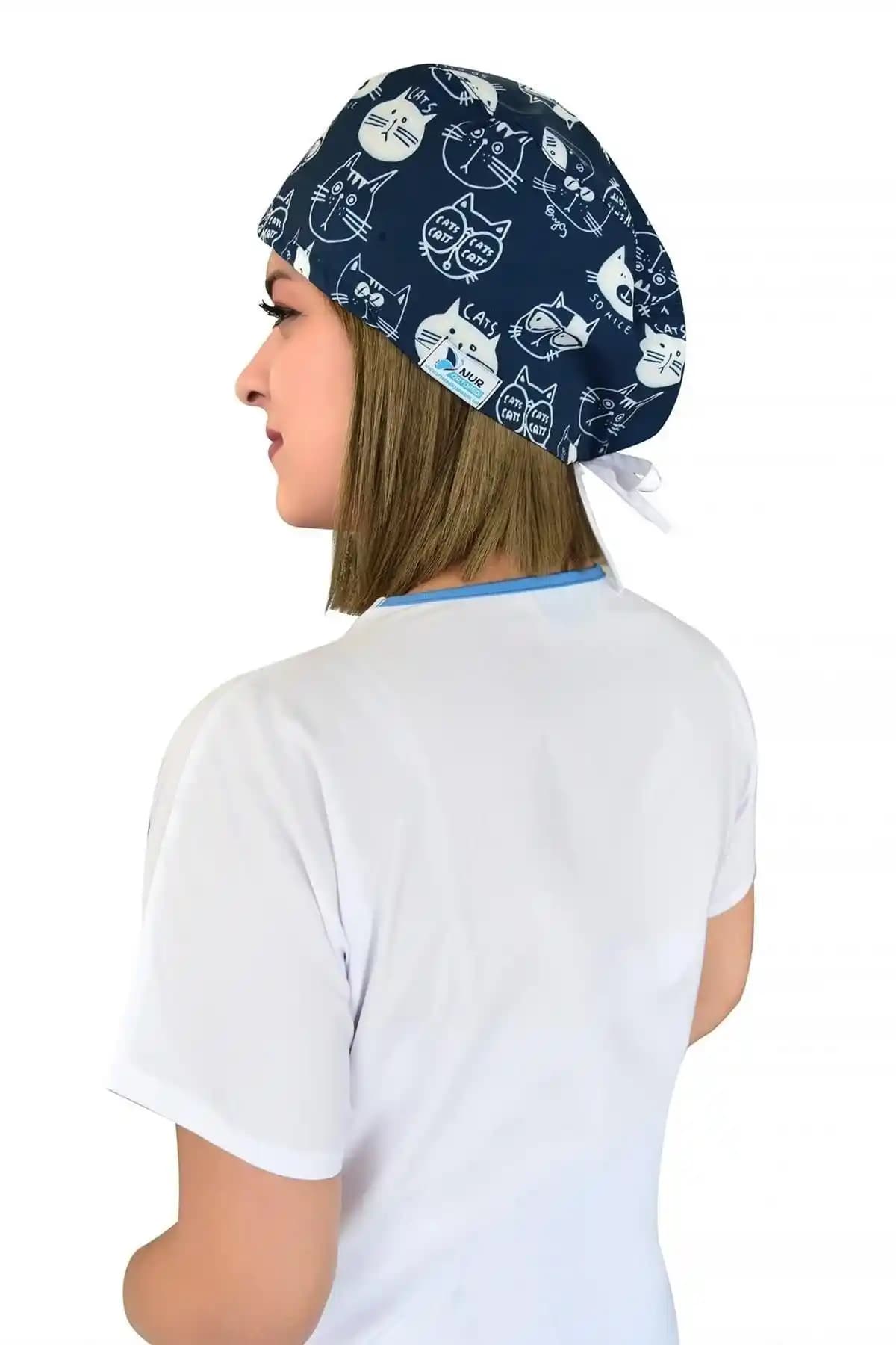 Nur Ortopedi Unisex Lacivert Kediler Desenli Doktor Hemşire Hastane Kıyafetleri