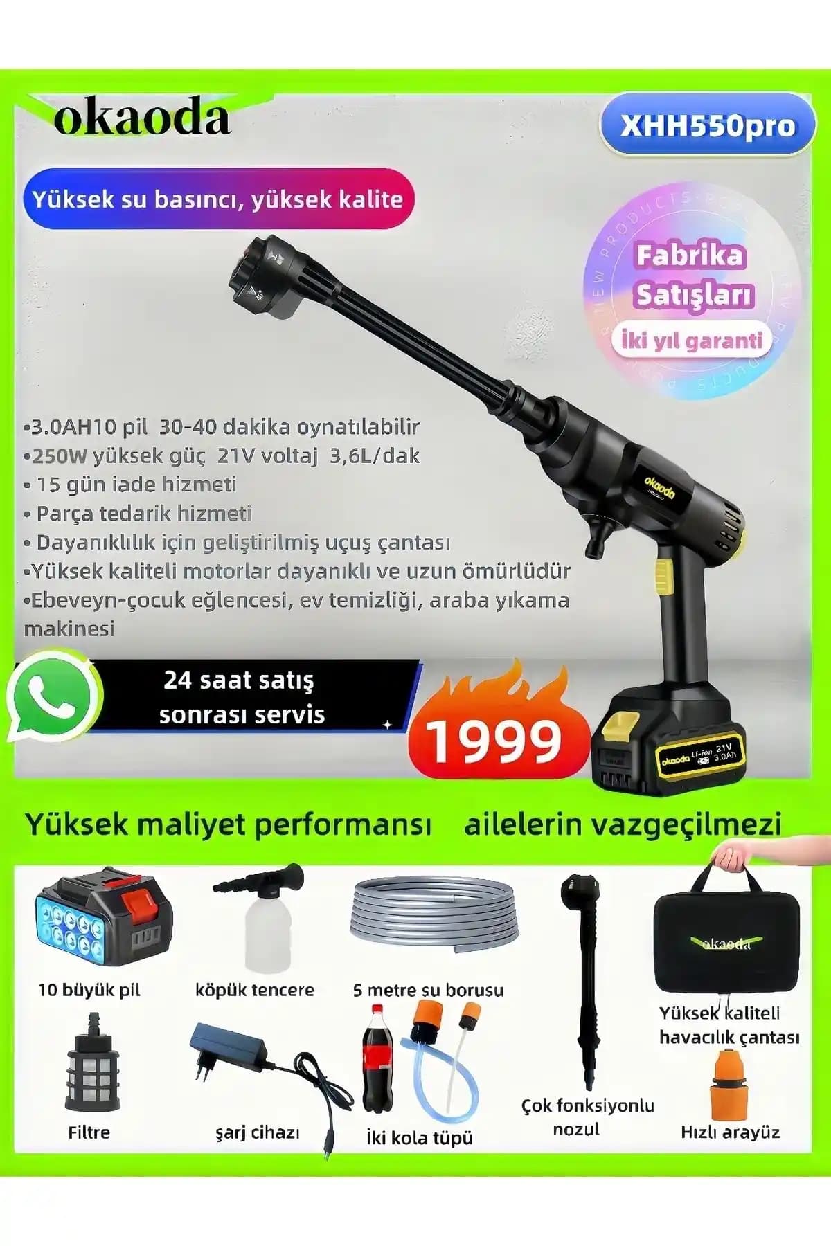 Okaoda Güçlü ve Çok Yönlü Kablosuz Yıkama Makinesi Araç ve Bahçe Temizliği İçin