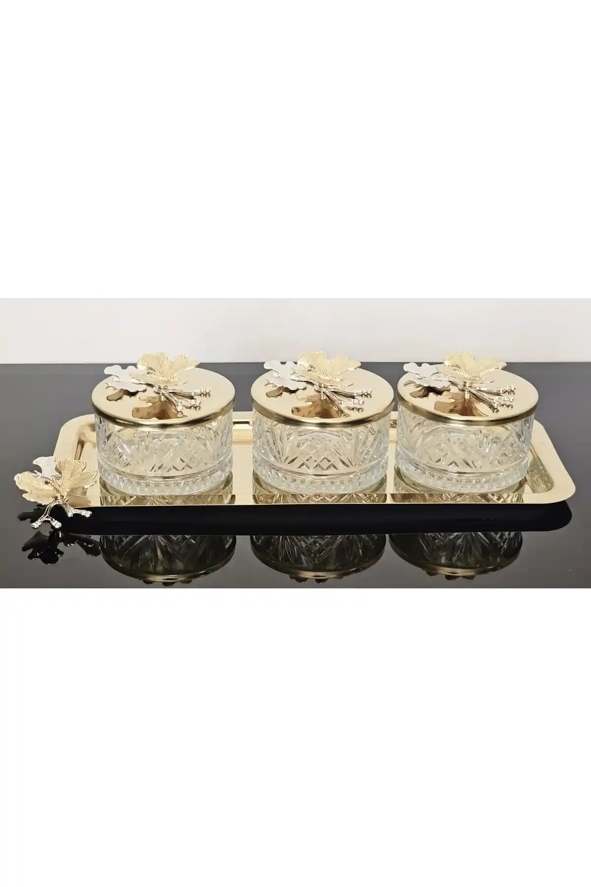 Atabey Home Collection 3'lü Kelebekli Gold Cam Kase Seti Şekerlik Sunumluk Çerezlik