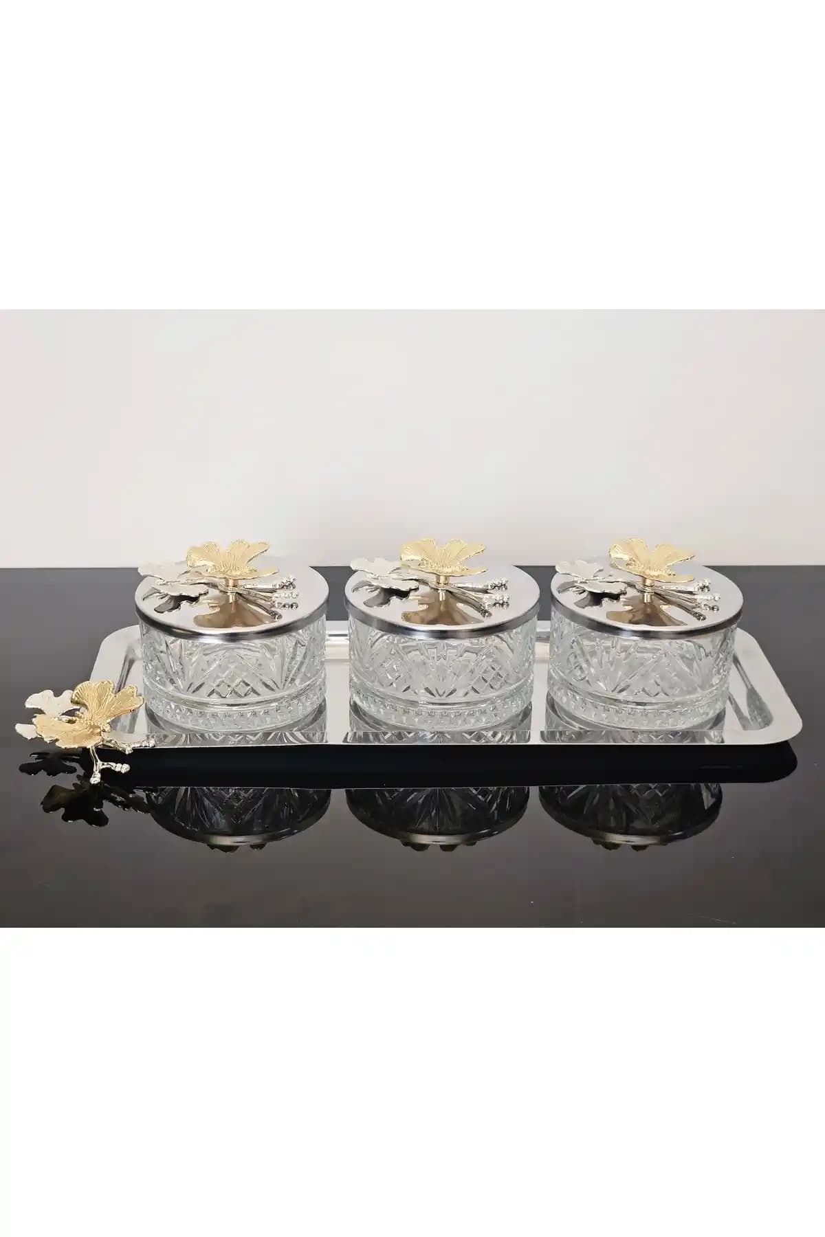 Atabey Home Collection Kelebekli Gümüş Tepsili Kase Seti Şık ve Fonksiyonel Tasarım