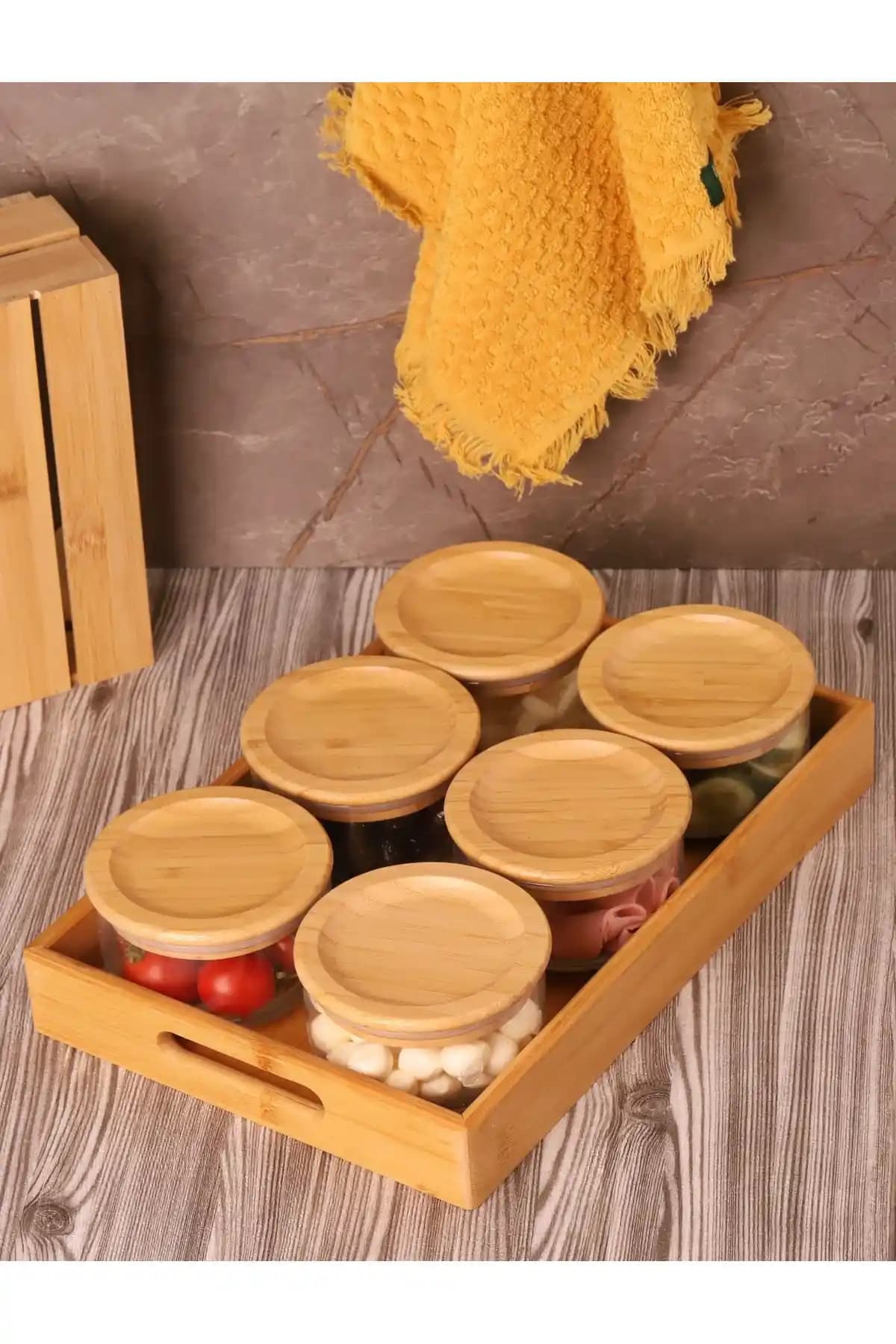 Atbyhome Duo 300ml 6'lı Tepsili Bambu Kapaklı Cam Kahvaltılık Seti Şık ve Fonksiyonel Tasarım