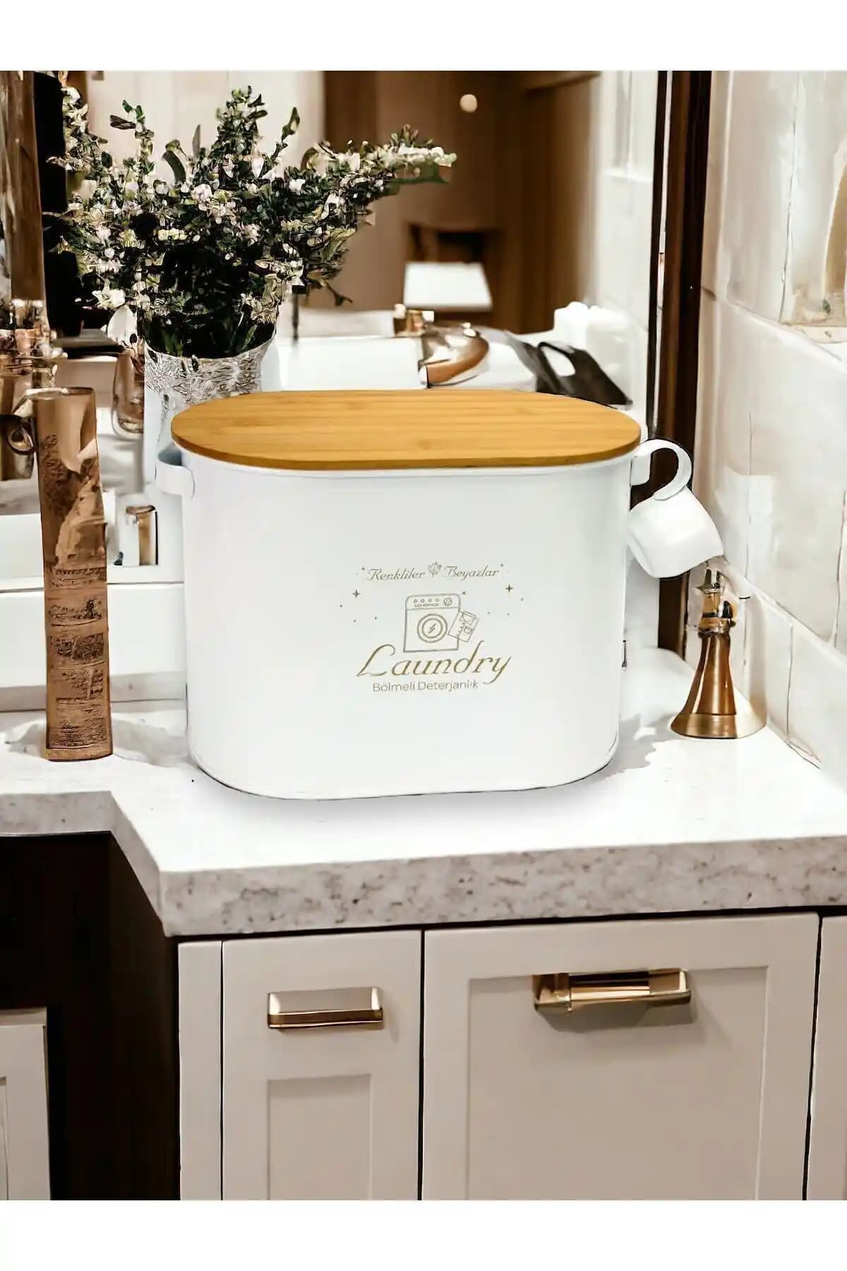 Hitfoni Bambu Kapaklı Metal Bölmeli Toz Deterjanlık: Modern ve Dayanıklı Temizlik Çözümü