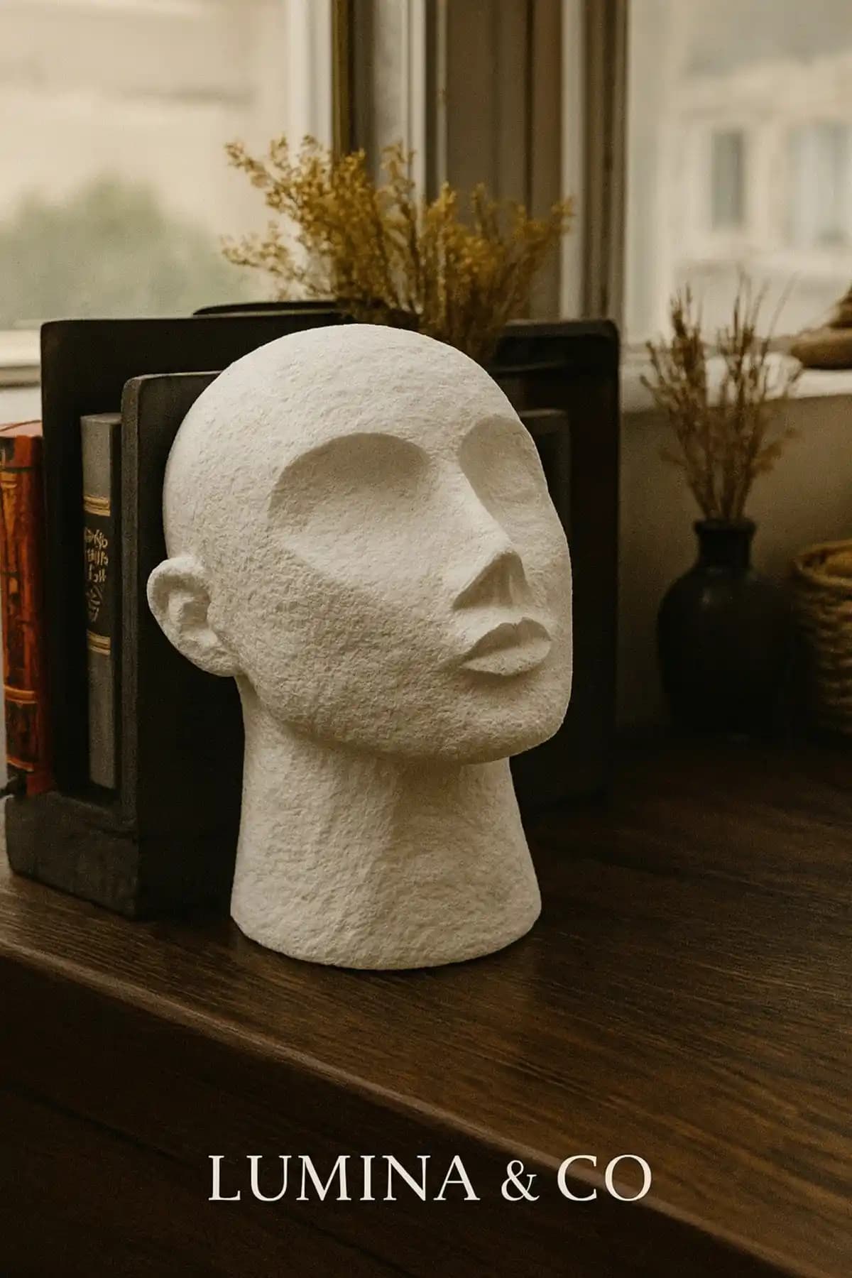 LUMİNA Beyaz Beton Baş Büst Modern ve Estetik Dekoratif Kitap Desteği Ürünü