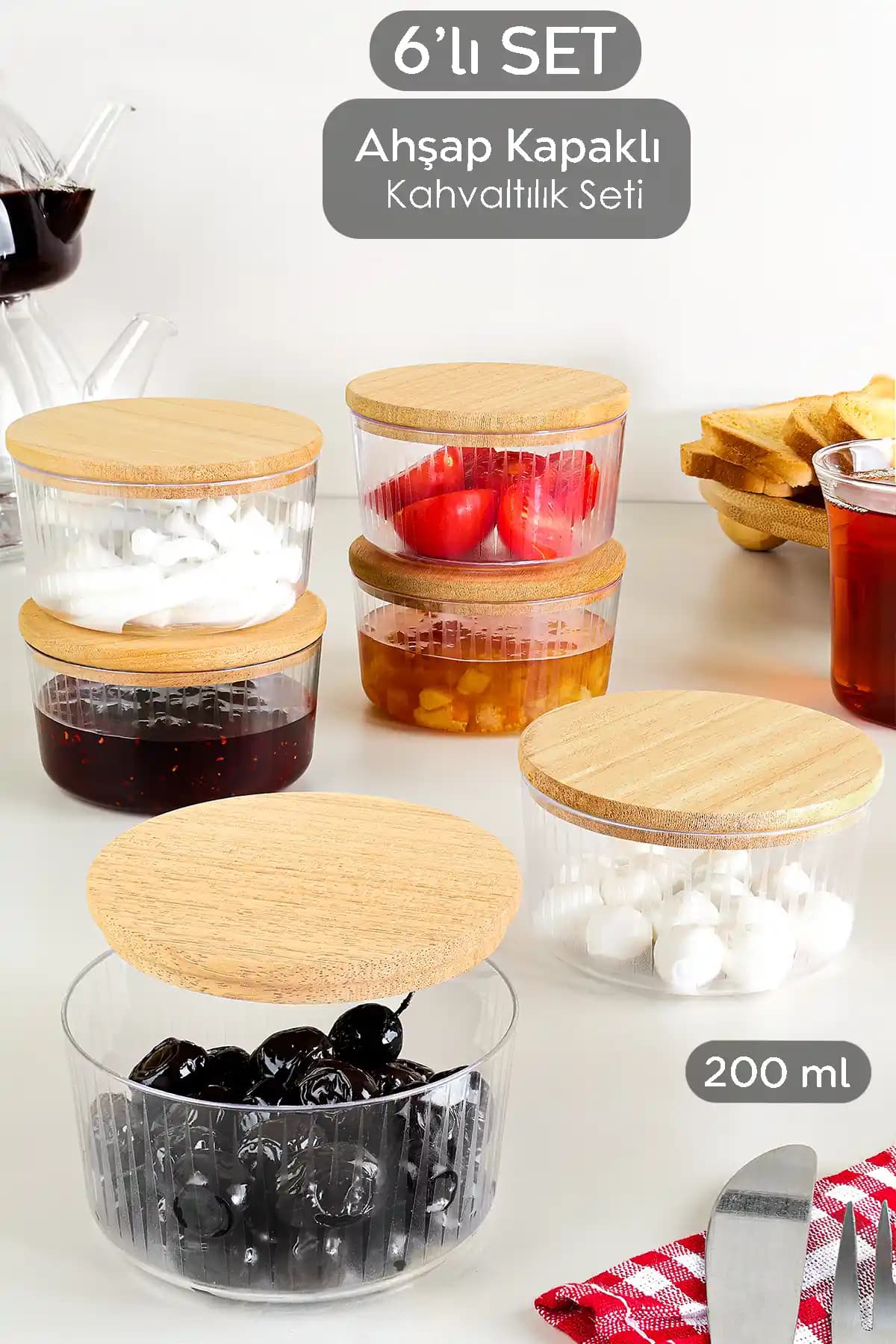 Meleni Home 6'lı Ahşap Kapaklı Saklama Kabı Seti: Estetik ve Pratik Gıda Saklama Çözümü