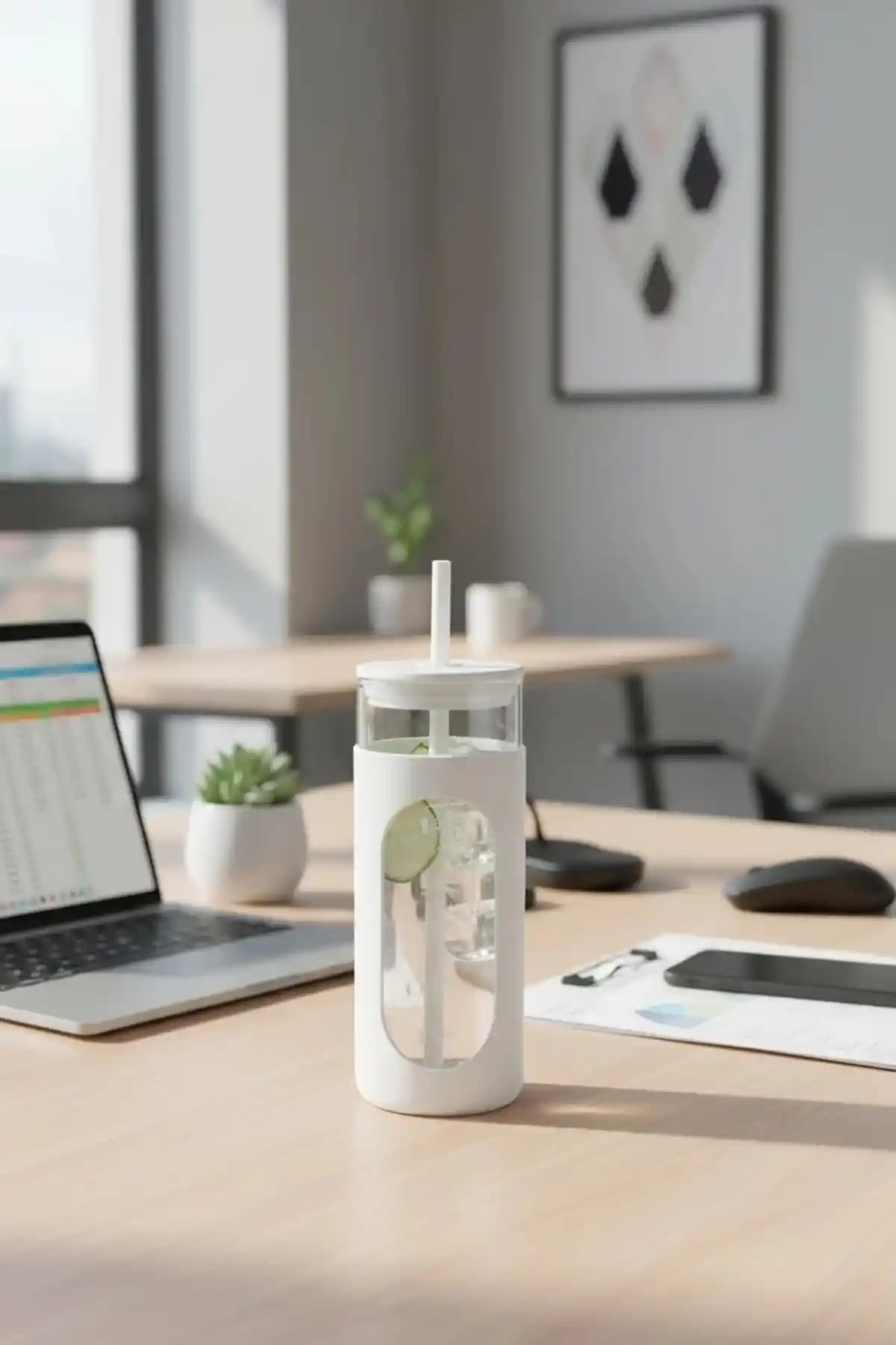 Miniso Silikon Kılıflı Pipetli Borosilikat Cam Şişe 475ML Beyaz Sağlıklı ve Dayanıklı Tasarım