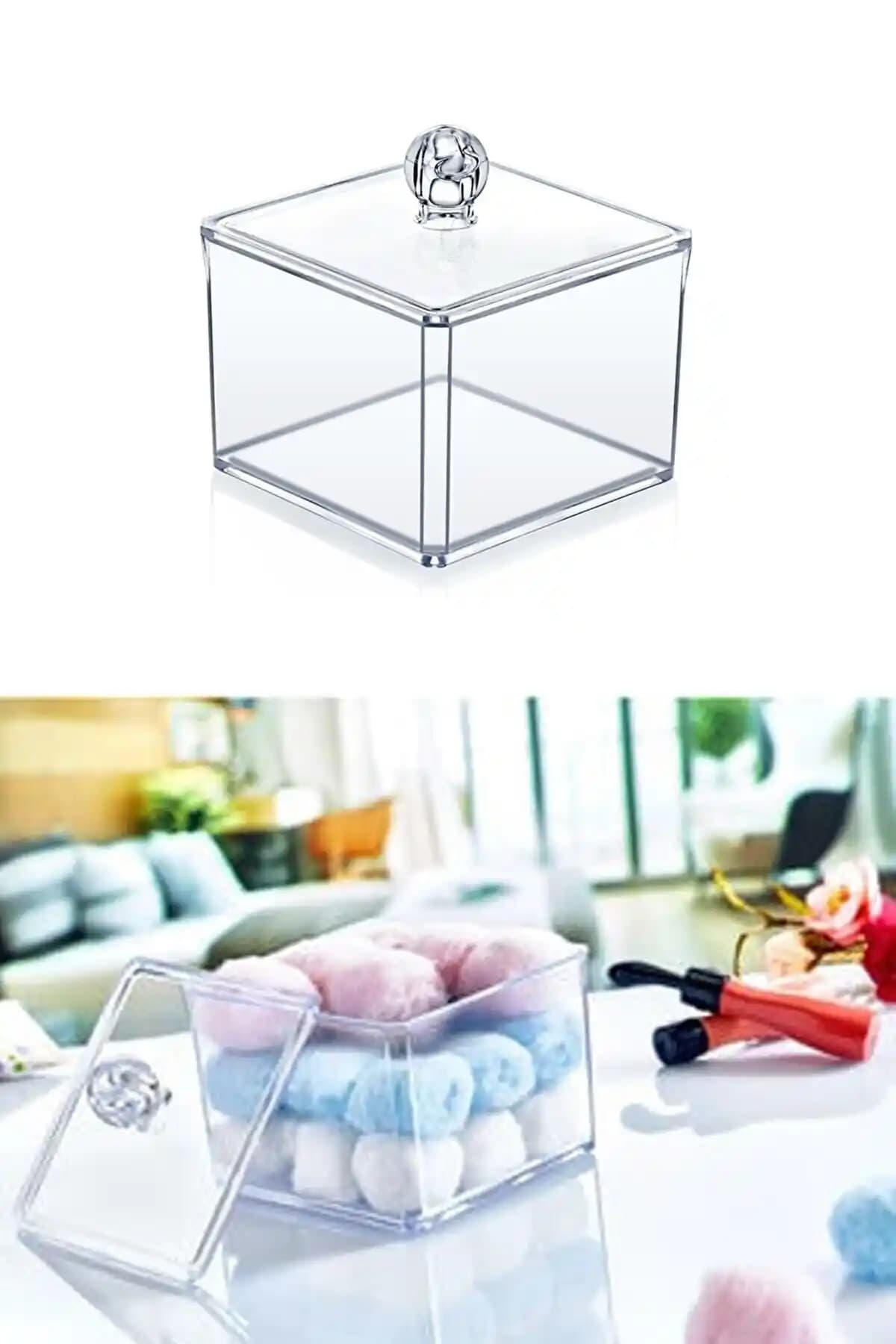 Poomy Şeffaf Kare Pamukluk ve Kulak Çubuğu Kutusu Modern ve Hijyenik Saklama Çözümü