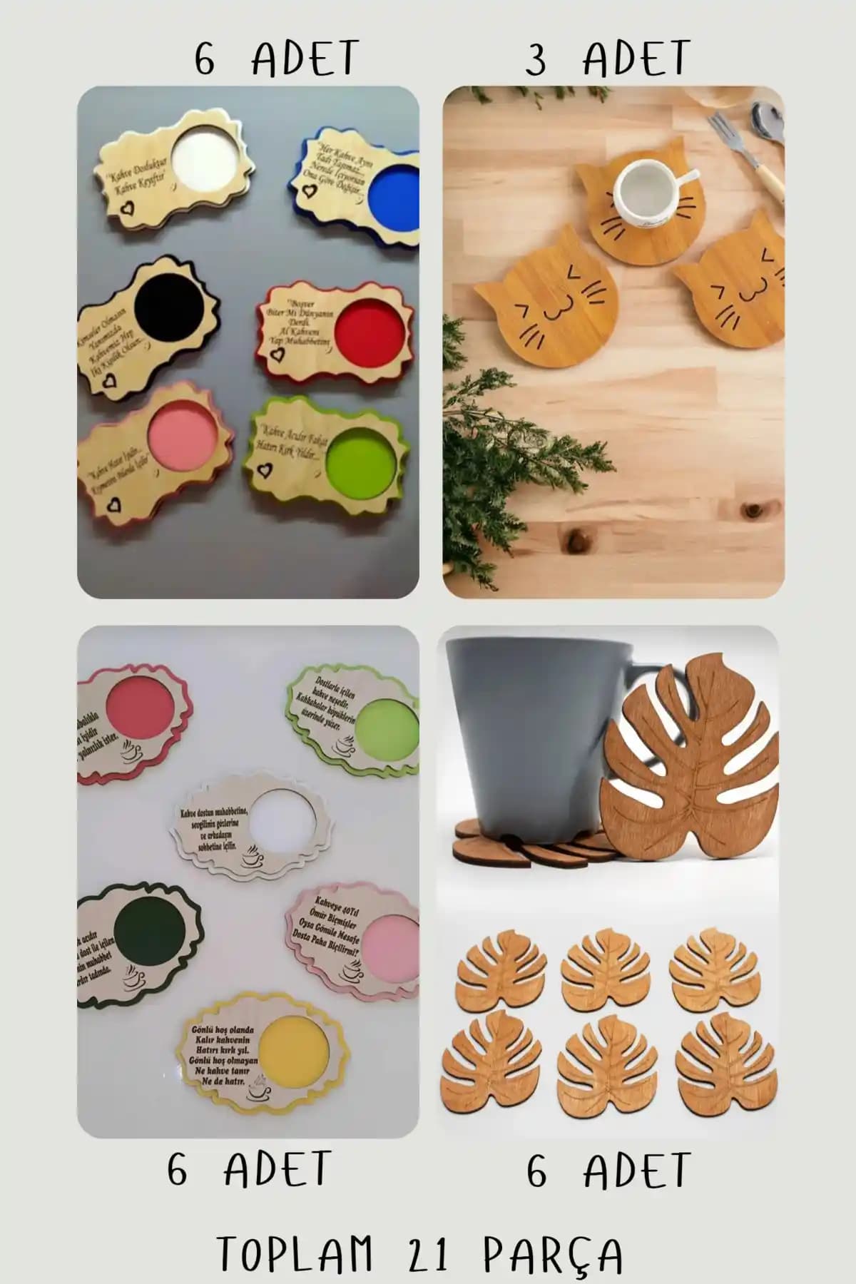 Ahşap Tasarımlı 21 Parça Kahve Fincan ve Bardak Altlığı Seti Ev Dekorasyonunu Zenginleştirir