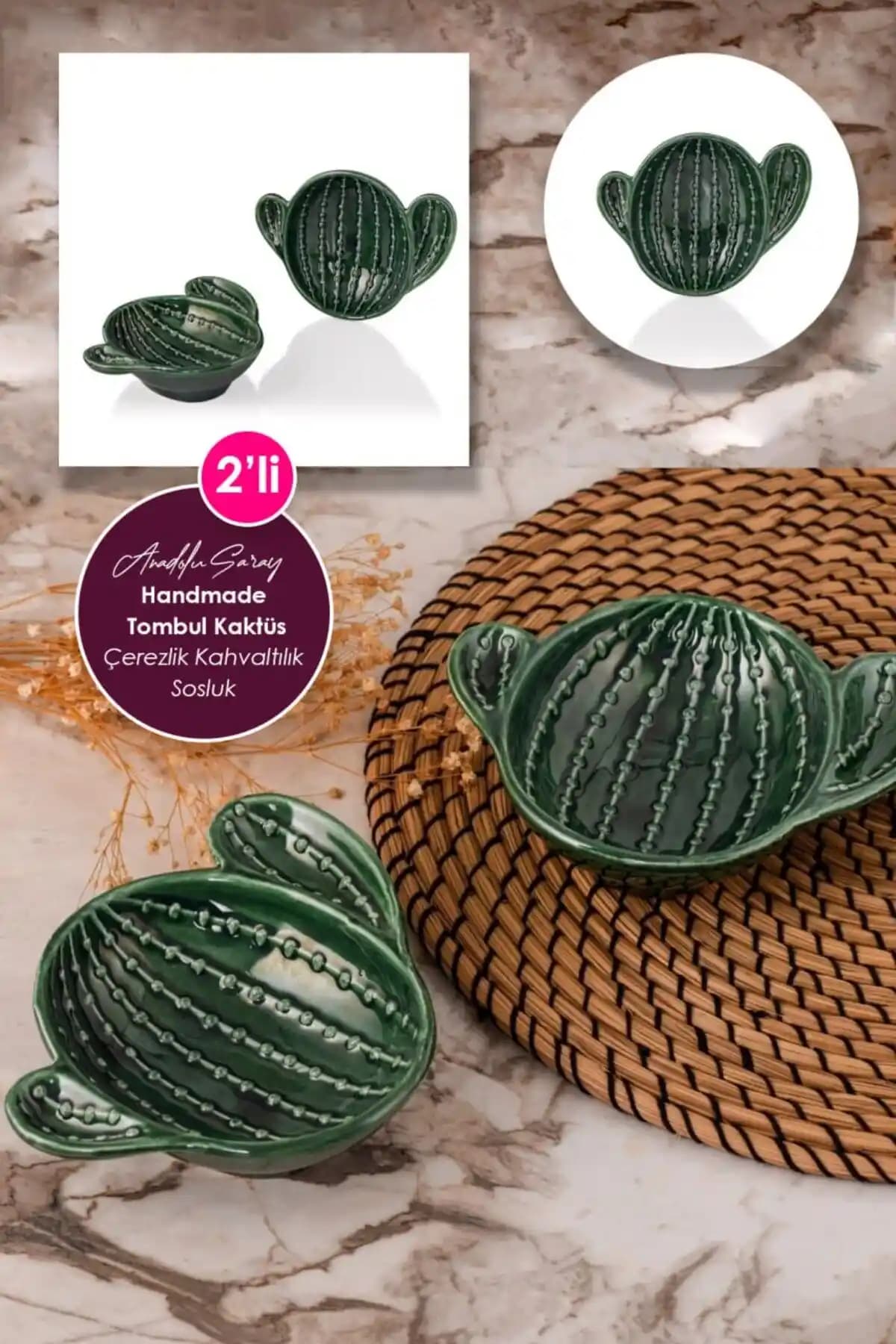 Anadolu Saray 2'li Tombul Kaktüs Tasarım Seramik Servis Seti Doğa Temalı Mutfak Dekorasyonu İçin