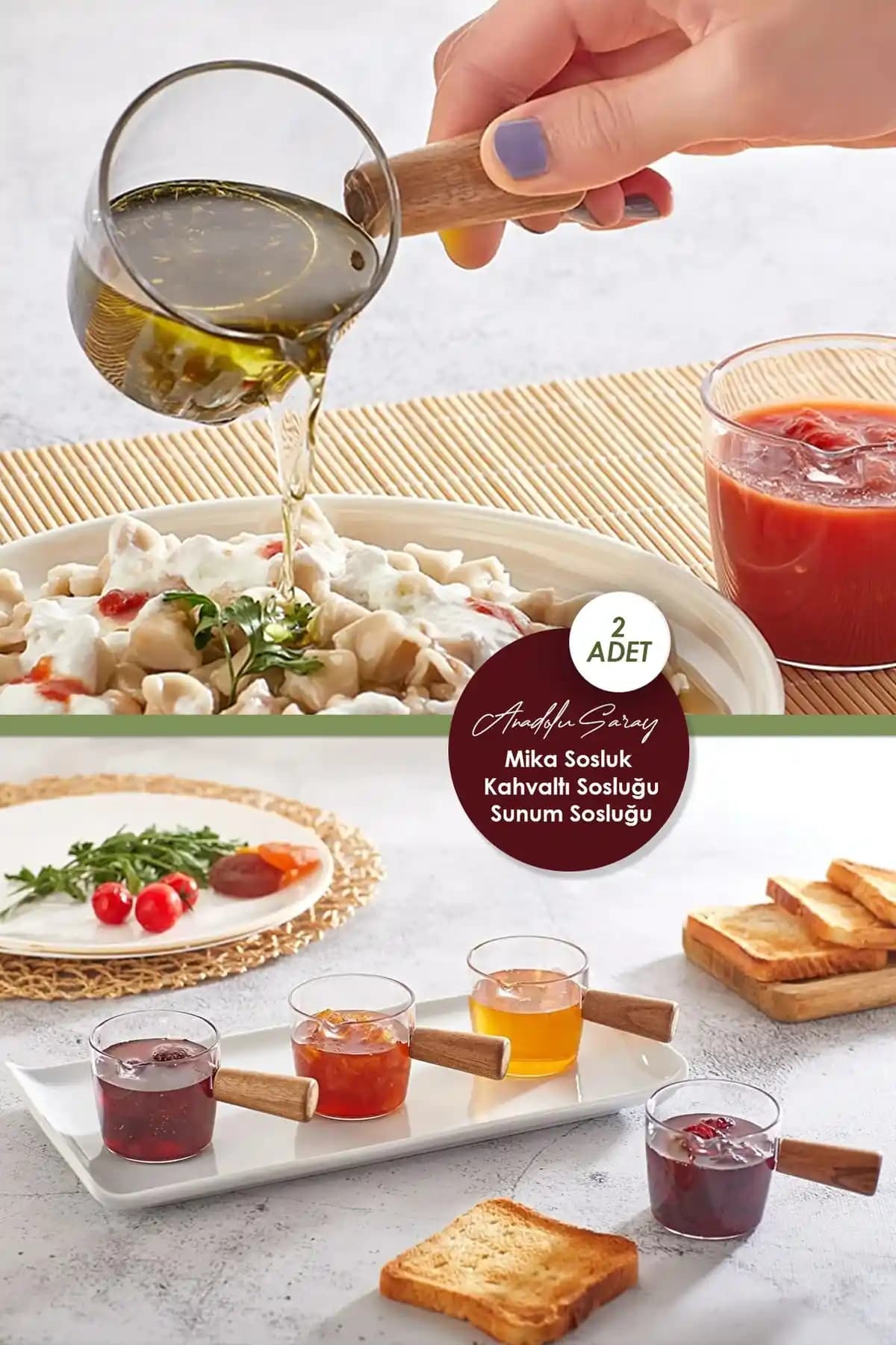 Anadolu Saray Çarşısı Ahşap Saplı Mika Sütlük ve Sosluk Seti – Estetik ve Fonksiyonellik