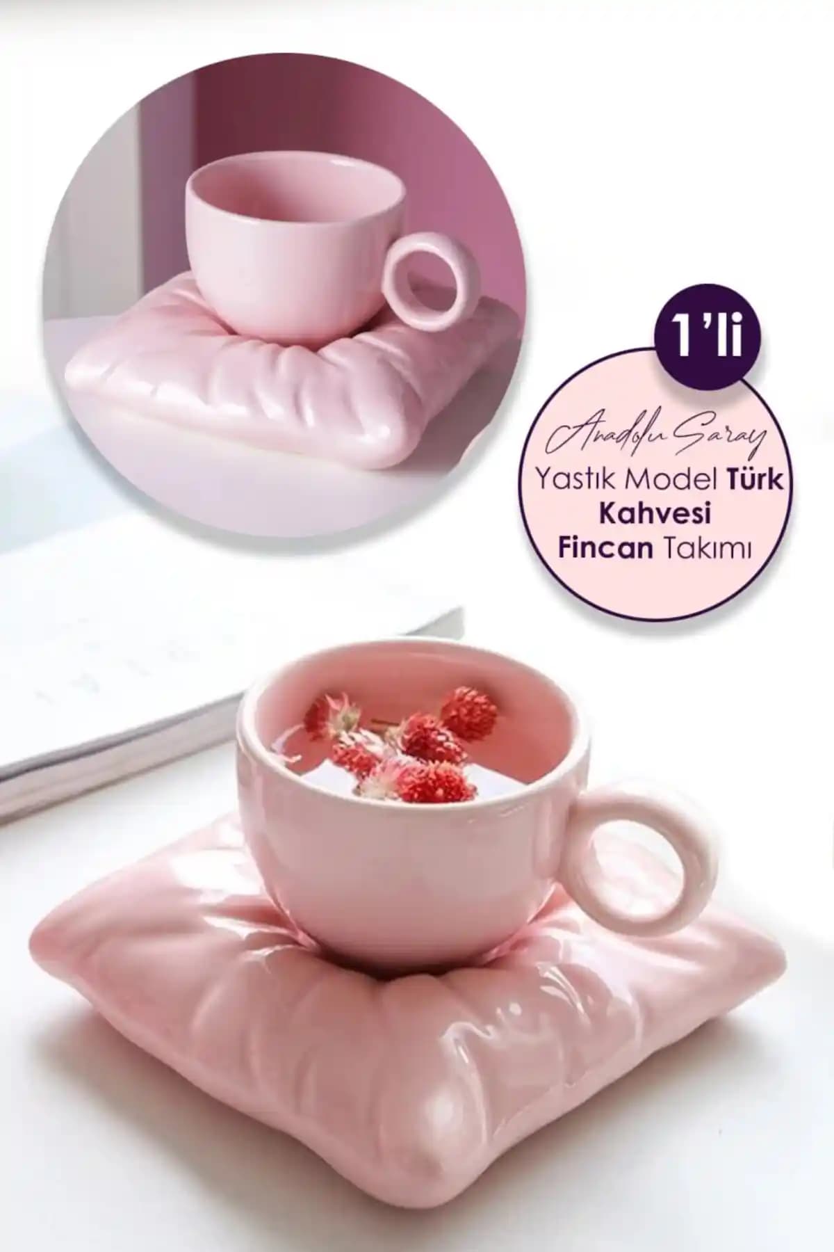 Anadolu Saray El Yapımı Pembe Seramik Kahve Fincan ve Yastık Seti: Şık ve Fonksiyonel Tasarım