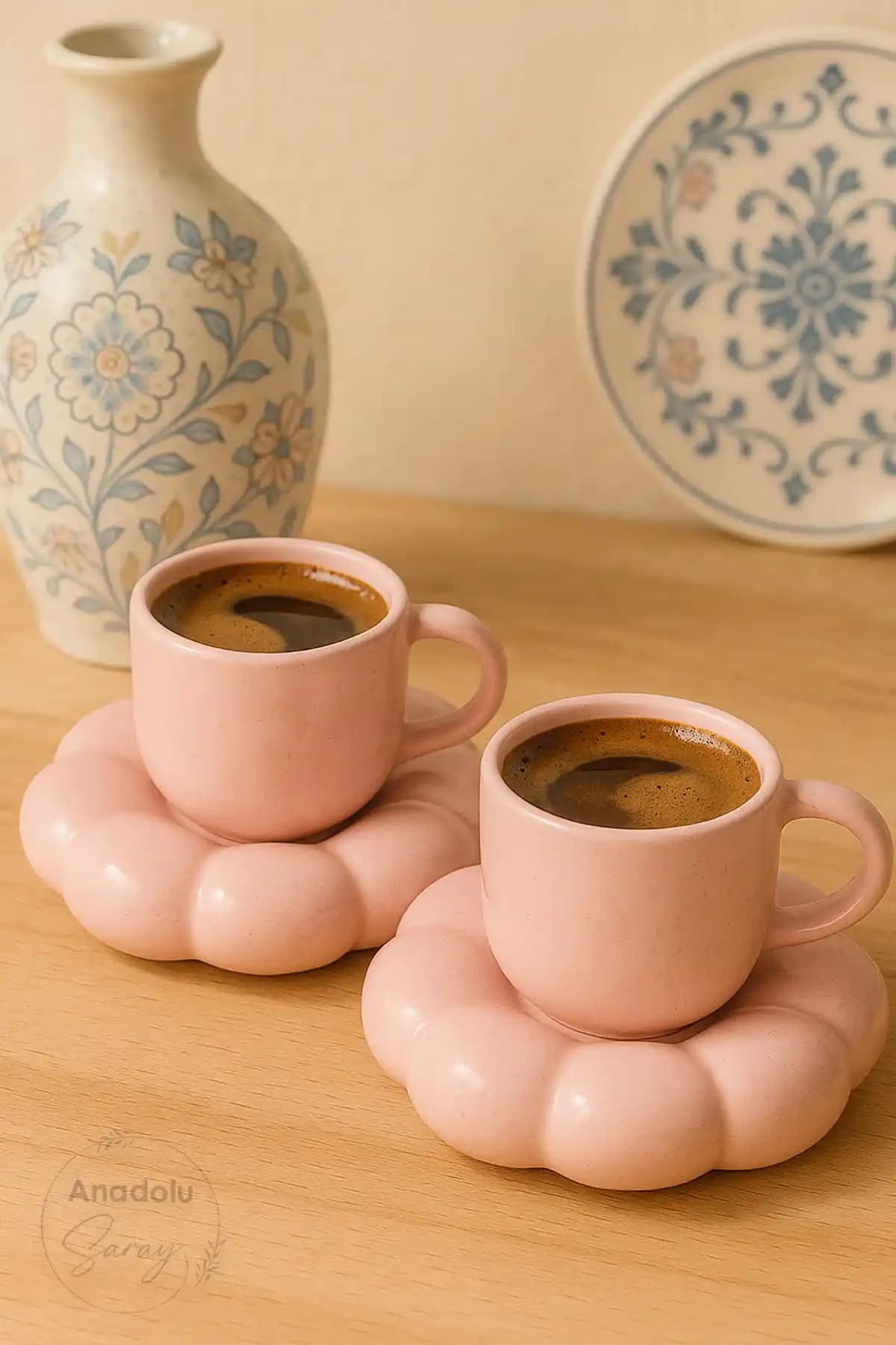 Anadolu Saray El Yapımı Seramik Pembe Papatya Model Türk Kahvesi Fincan Seti