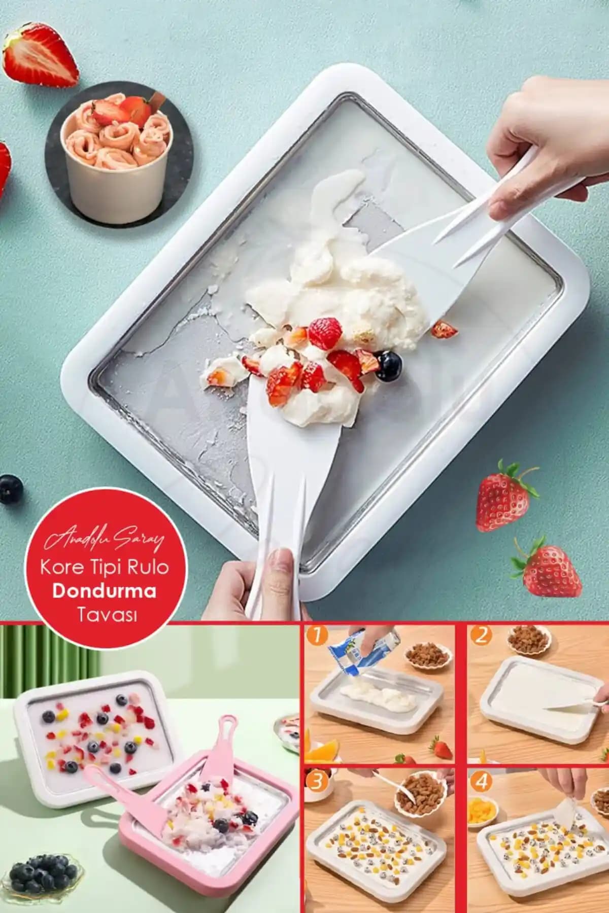 Anadolu Saray Ev Tipi Spatulalı Kore Tarzı Rulo Dondurma Tavası Pratik ve Sağlıklı Dondurma Yapım Aracı