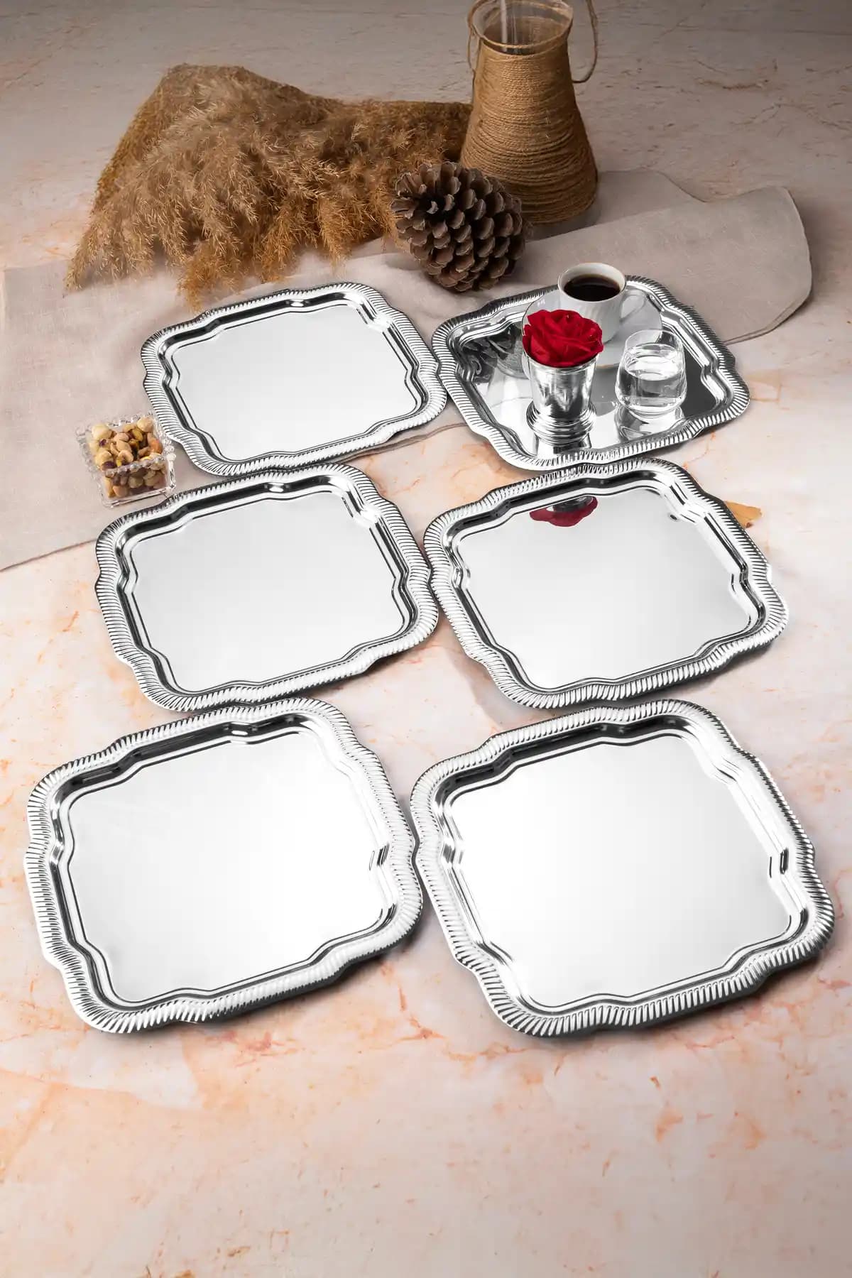 Aslı Hediyelik 6'lı Lüx Kenar Çizgi Desenli Gümüş Papatya Model Paslanmaz Çelik Servis ve Sunum Tepsisi