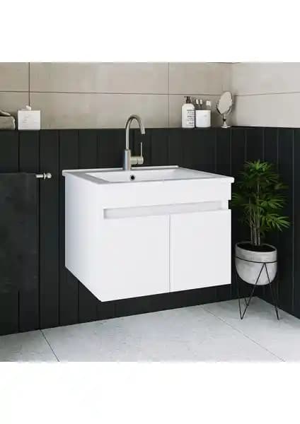 Banos Roomart LD3 Ayaksız 2 Kapaklı Beyaz MDF Banyo Dolabı 65 cm genişlikte ve şık tasarım