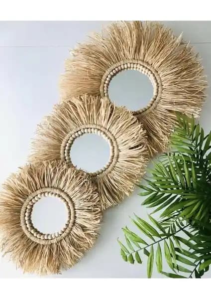 BH Bohem Handmade Dekoratif Rafya Ayna Duvar Süsü ile Evinize Doğal ve Şık Bir Dokunuş Katın