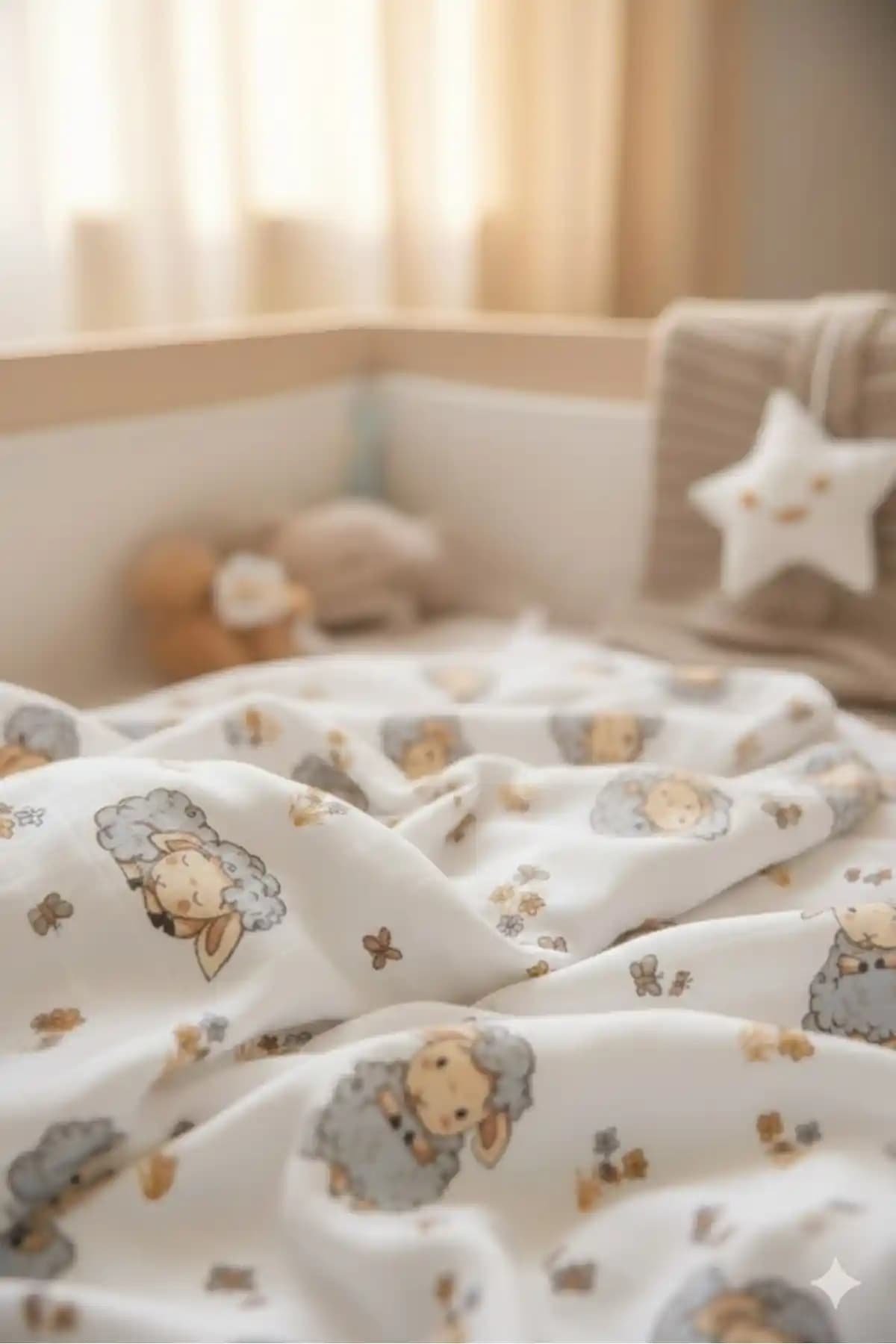 Caline Baby Müslin Bezi Kuzu Desen Gri 120x120 cm doğal pamuklu bebek örtüsü