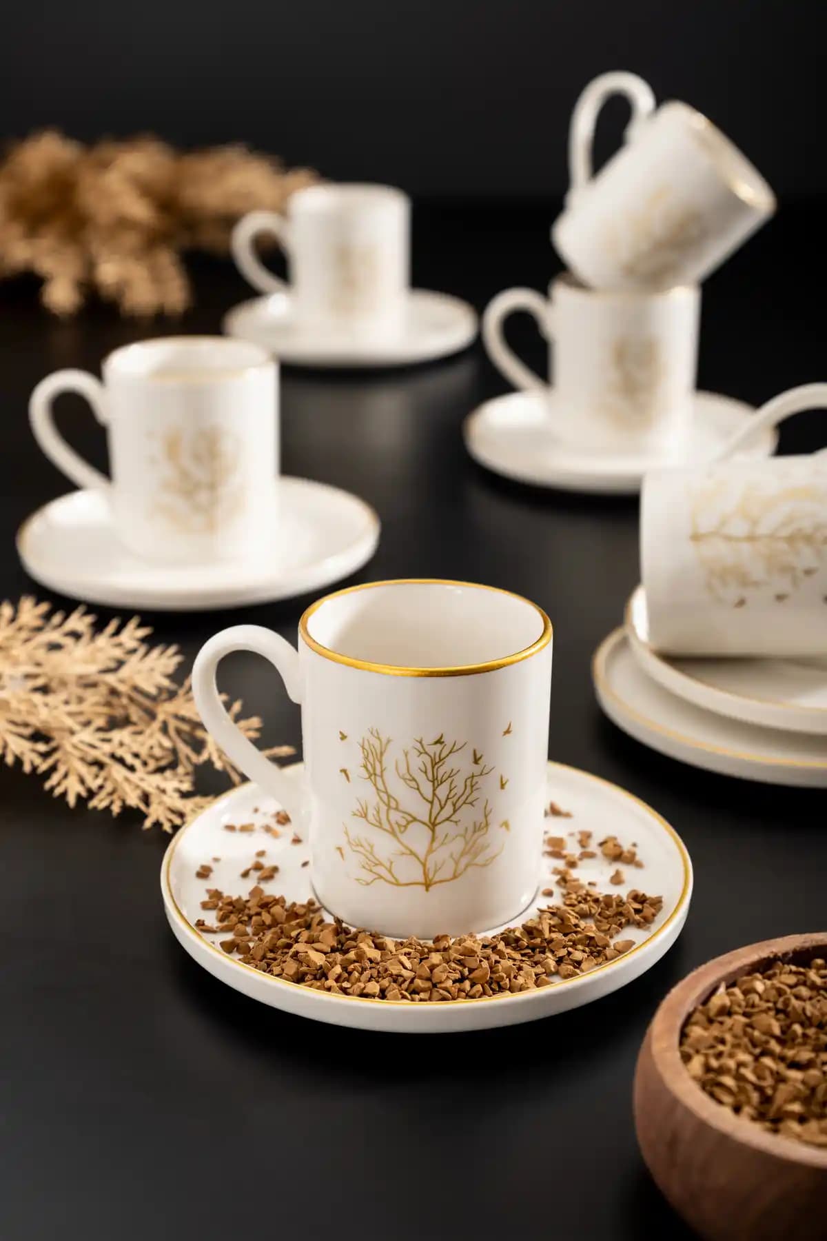 Çarşıdayız Porselen 6 Kişilik Beyaz Hayat Ağacı Desenli Kahve Fincanı Seti