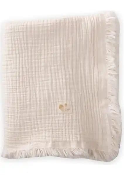 Cigit Dört Kat Püsküllü Müslin Battaniye 80x120 Cm Doğal ve Yumuşak Tasarım