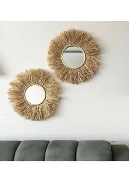 Doğal ve Estetik Bohem Tarzı Rafya Aynalar Seti Sürdürülebilir Dekorasyon İçin Uygun