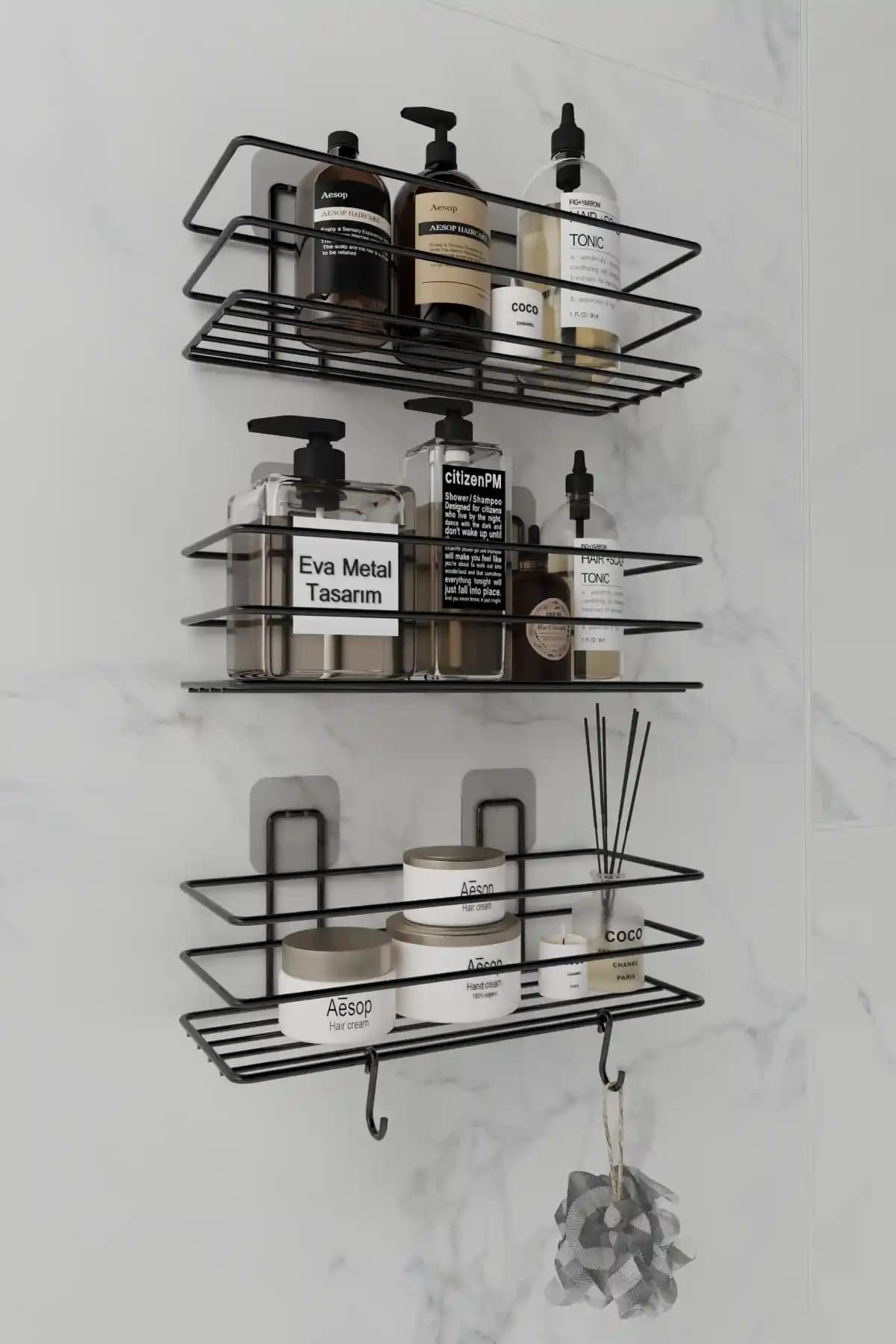 EVA Metal Tasarım 3'lü Banyo Organizasyon Seti Siyah Mat Modern ve Dayanıklı Tasarım