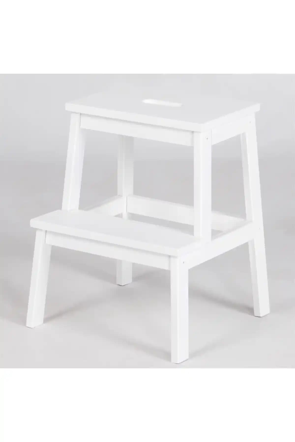 FASTWOOD Beyaz Kayın Masif Ahşap Basamaklı Tabure Modern ve Dayanıklı Tasarım