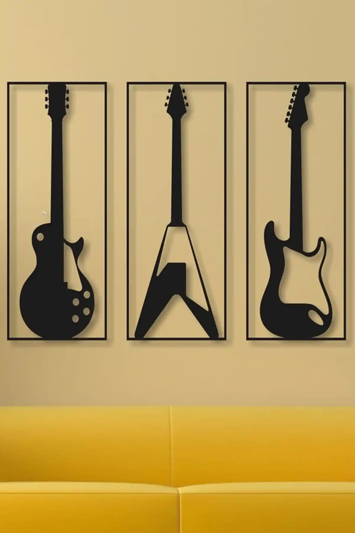 Genel Markalar 3'lü Elektro ve Akustik Gitar Temalı Ahşap Duvar Dekoru
