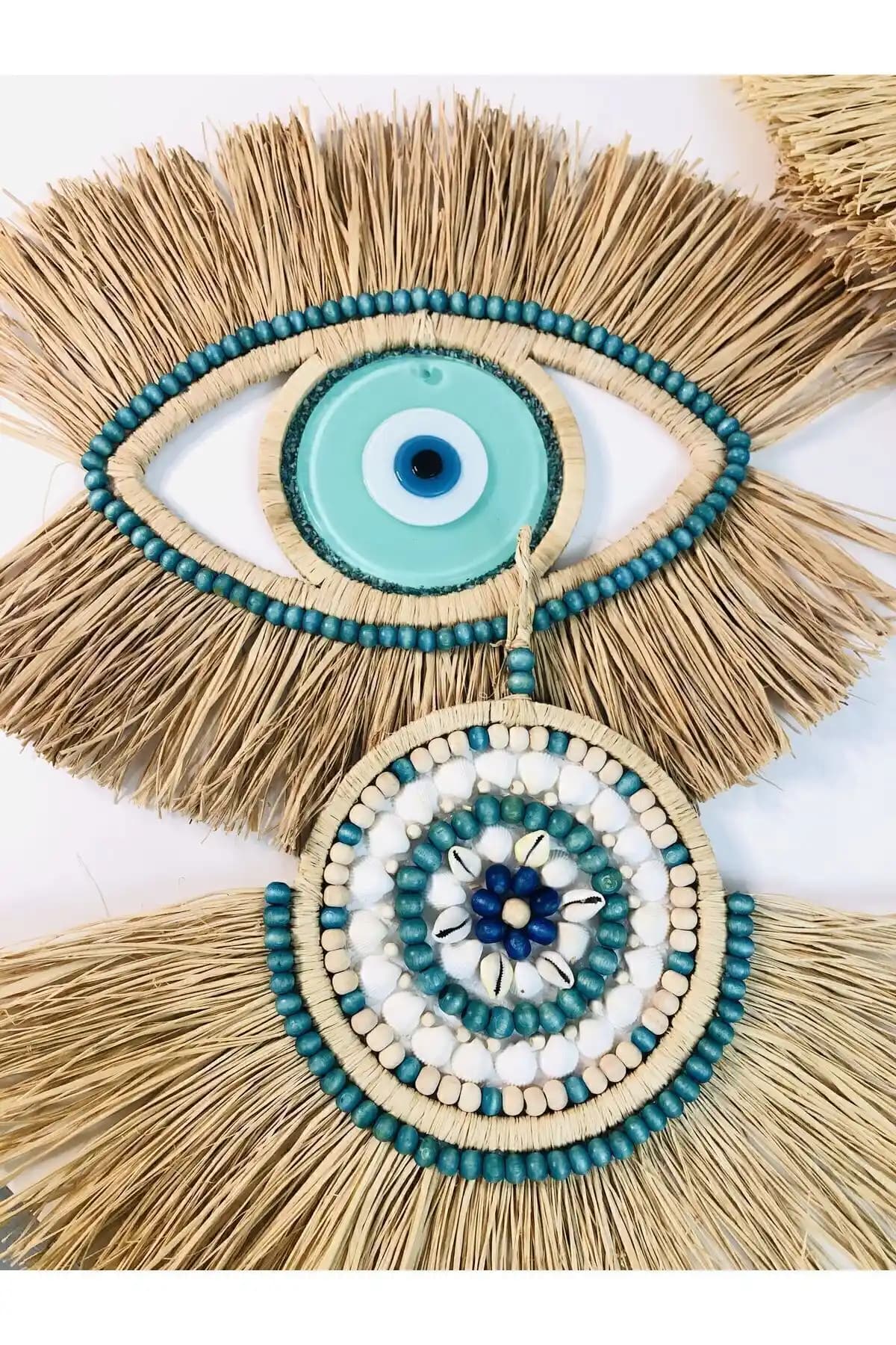 Genel Markalar Bohem Tarzında Turkuaz Renkli Doğal Rafya ve Nazar Boncuklu Duvar Dekoru