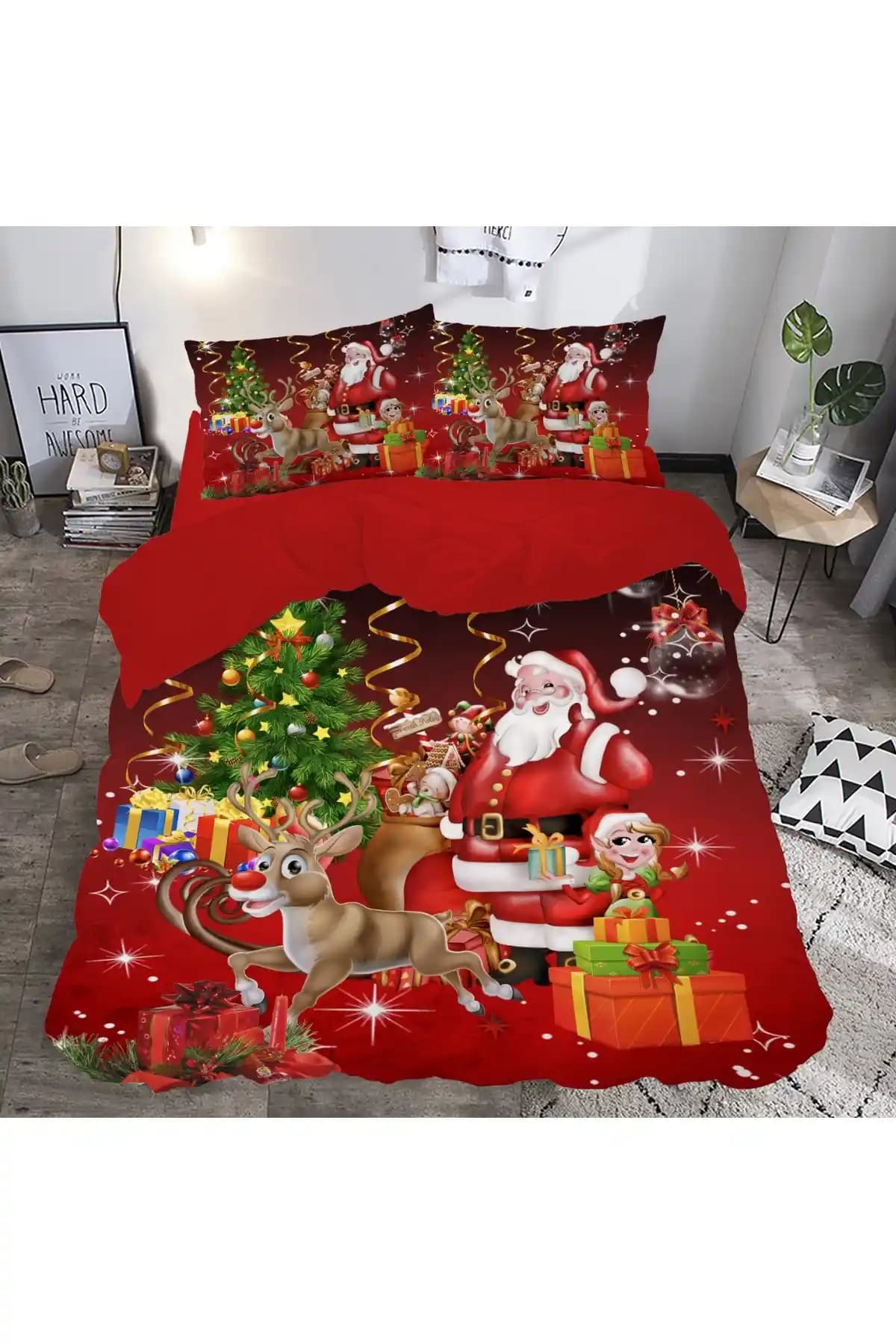 Hediyechy Noel Baba Temalı Çift Kişilik Nevresim Takımı Yılbaşı Dekorasyonu İçin