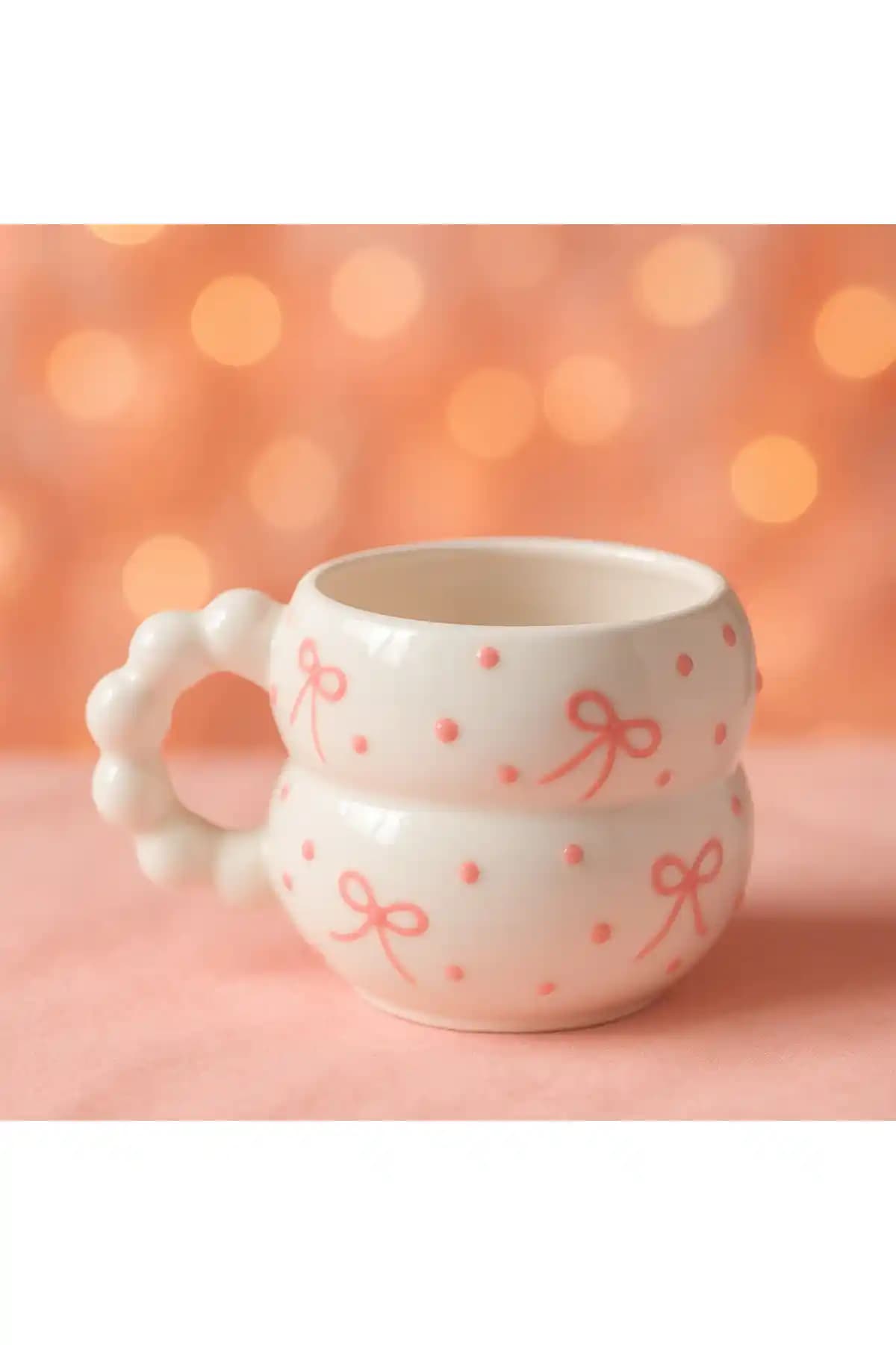 İZart Boncuk Kulp Katmerli Pembe Fiyonk Seramik Kupa Günlük Kullanım ve Dekorasyon