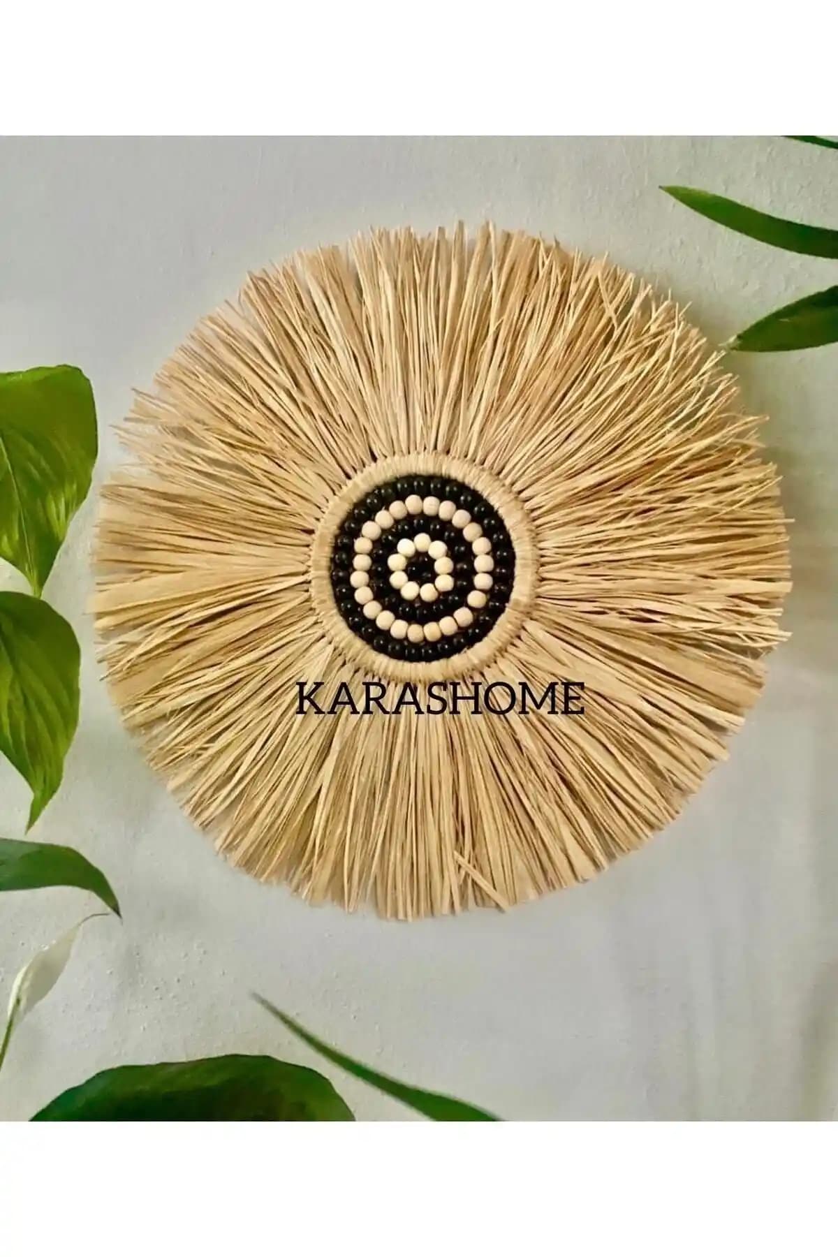 Kara.Shome Doğal Rafya Boncuklu Duvar Süsü: Doğa Temalı El Yapımı Dekoratif Aksesuar